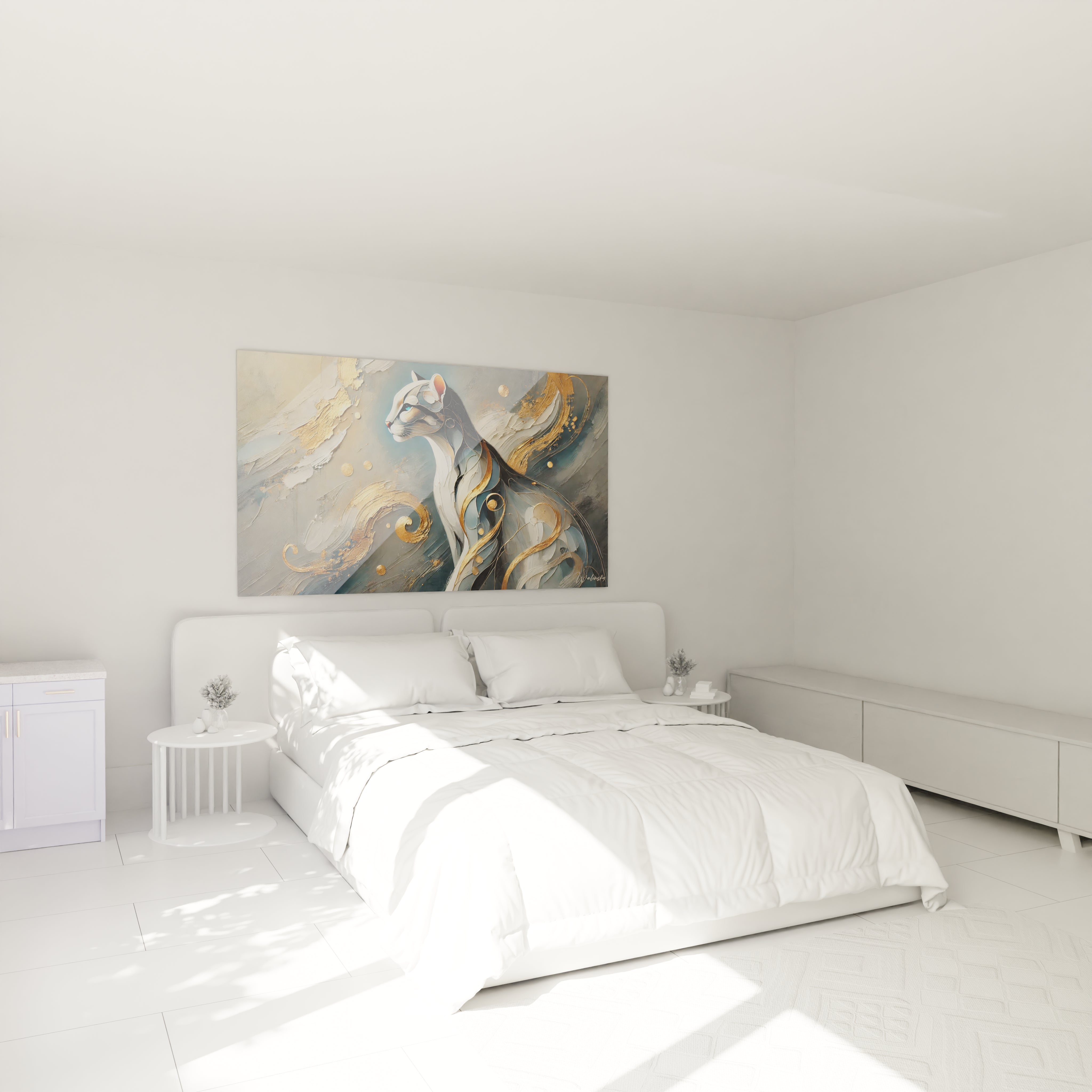 Accroché au mur d'une chambre, ce tableau ocelot apporte une touche contemporaine avec ses courbes dorées et son fond abstrait. Sublime l'ambiance avec une harmonie de bleu, blanc et or.