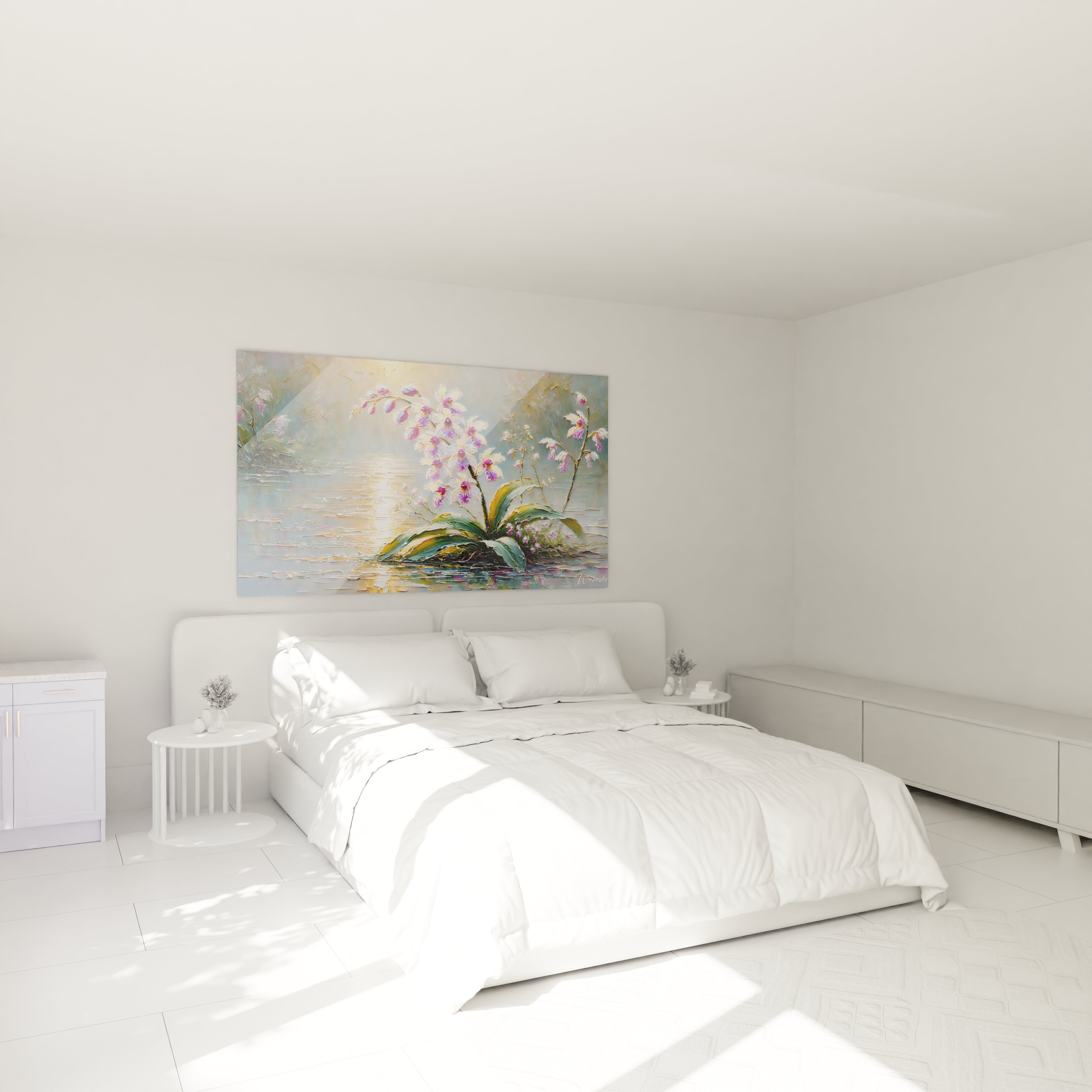 Tableau Orchidée dans une chambre au-dessus du lit, créant une ambiance apaisante et élégante avec ses touches de rose, blanc et éclats dorés, parfait pour un espace de rêve et de sérénité.