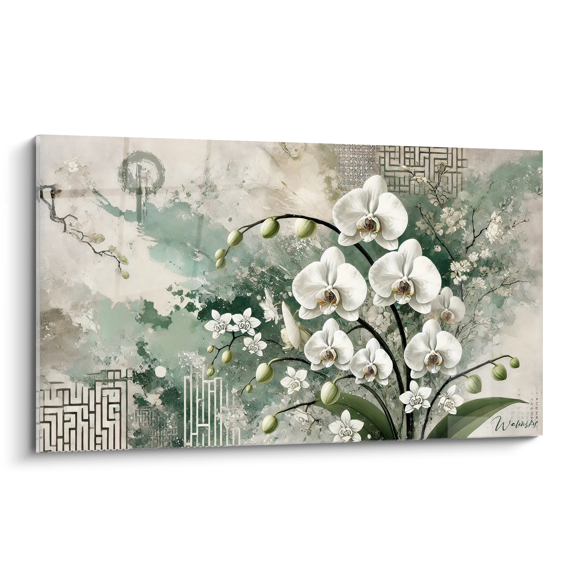 tableau Orchidee vu de biais montrant l'elegance des fleurs blanches et vertes dans un style contemporain inspire de la nature et de l'abstraction ideal pour un decor raffine
