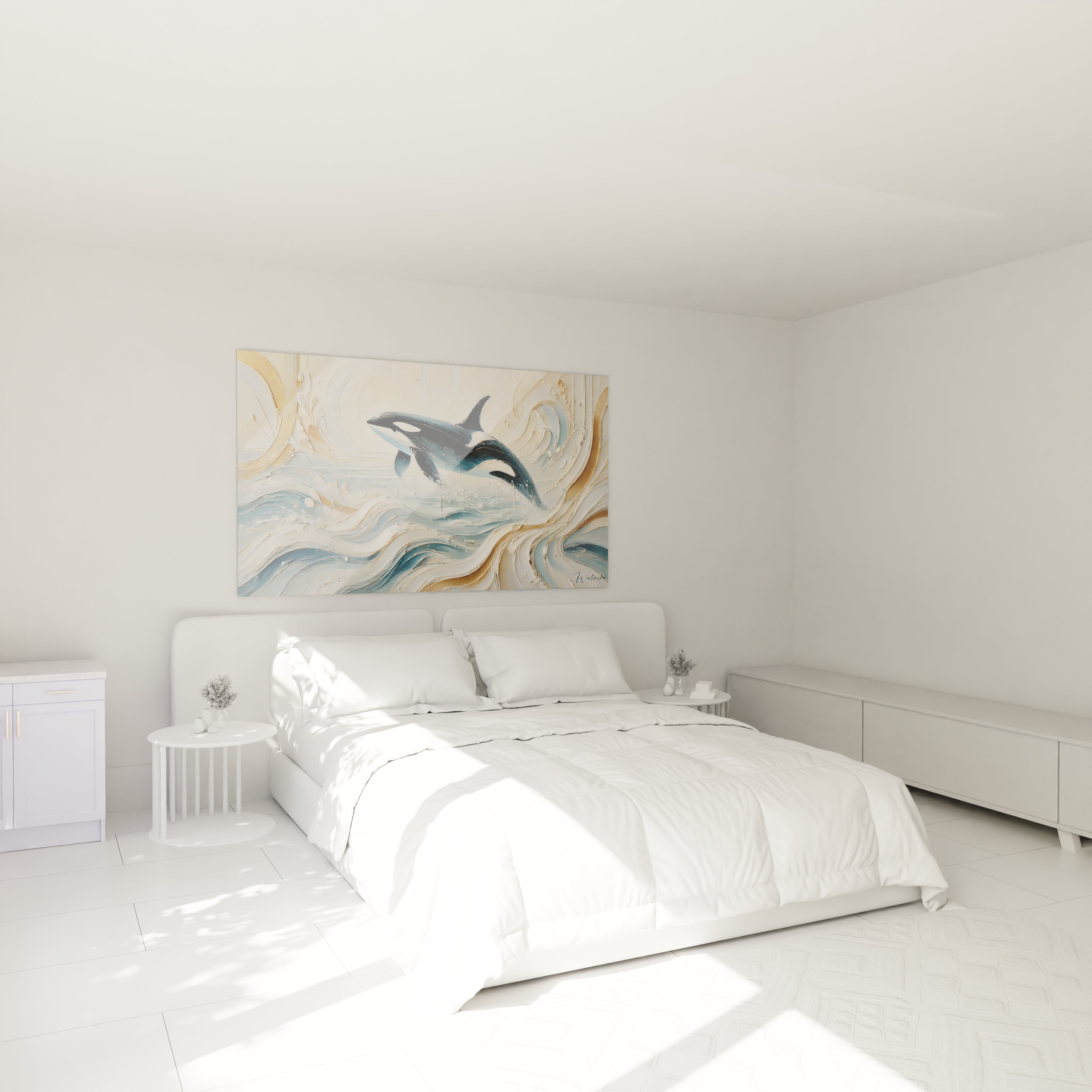 Ajoutez ce tableau orque au-dessus de votre lit pour une ambiance apaisante. Les nuances de bleu et d'or créent une atmosphère sereine, accentuant l'élégance de votre chambre.