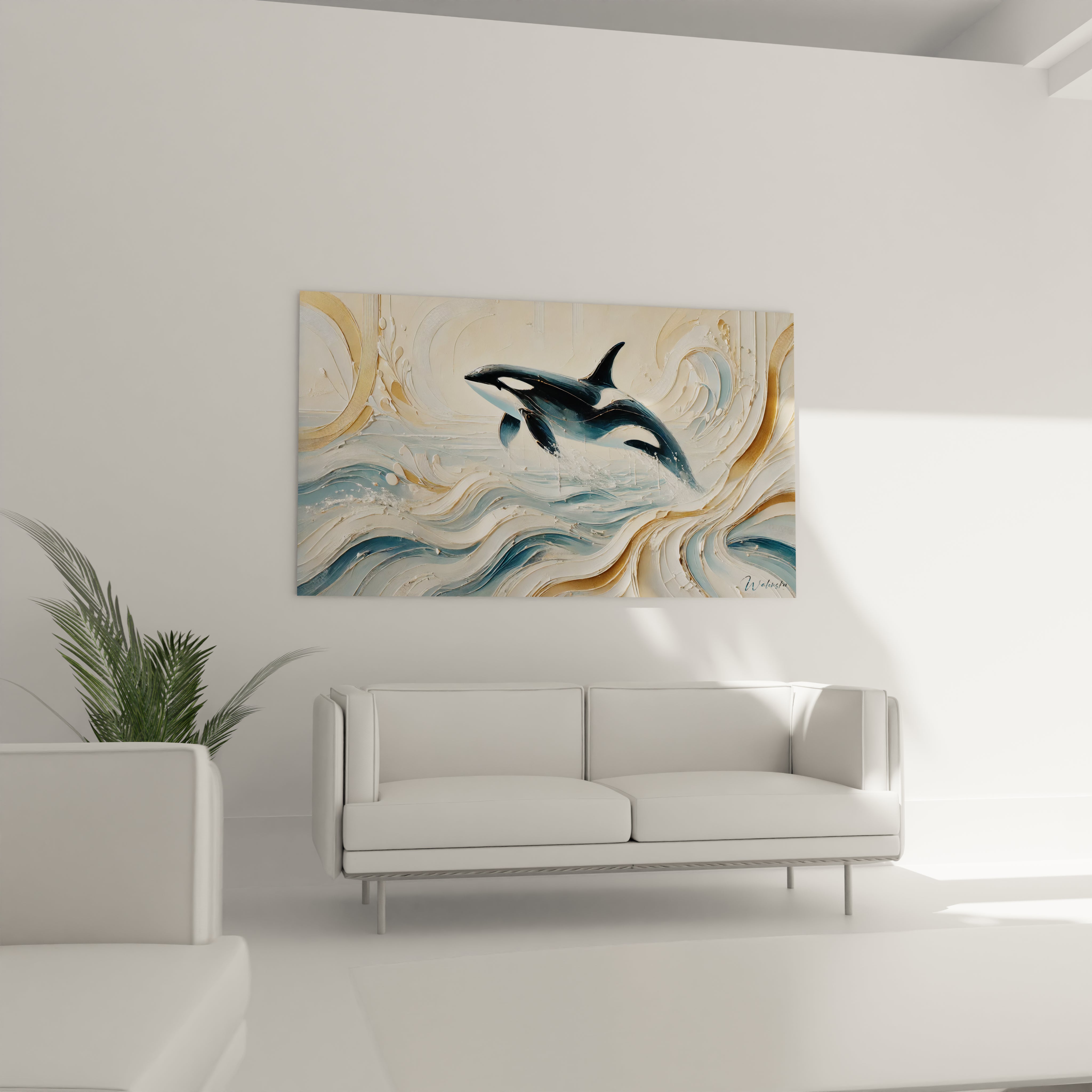 Ce tableau orque au-dessus de votre canapé attire l'attention. Sa représentation dynamique et ses tons profonds en noir et blanc enrichissent le style moderne de votre salon.
