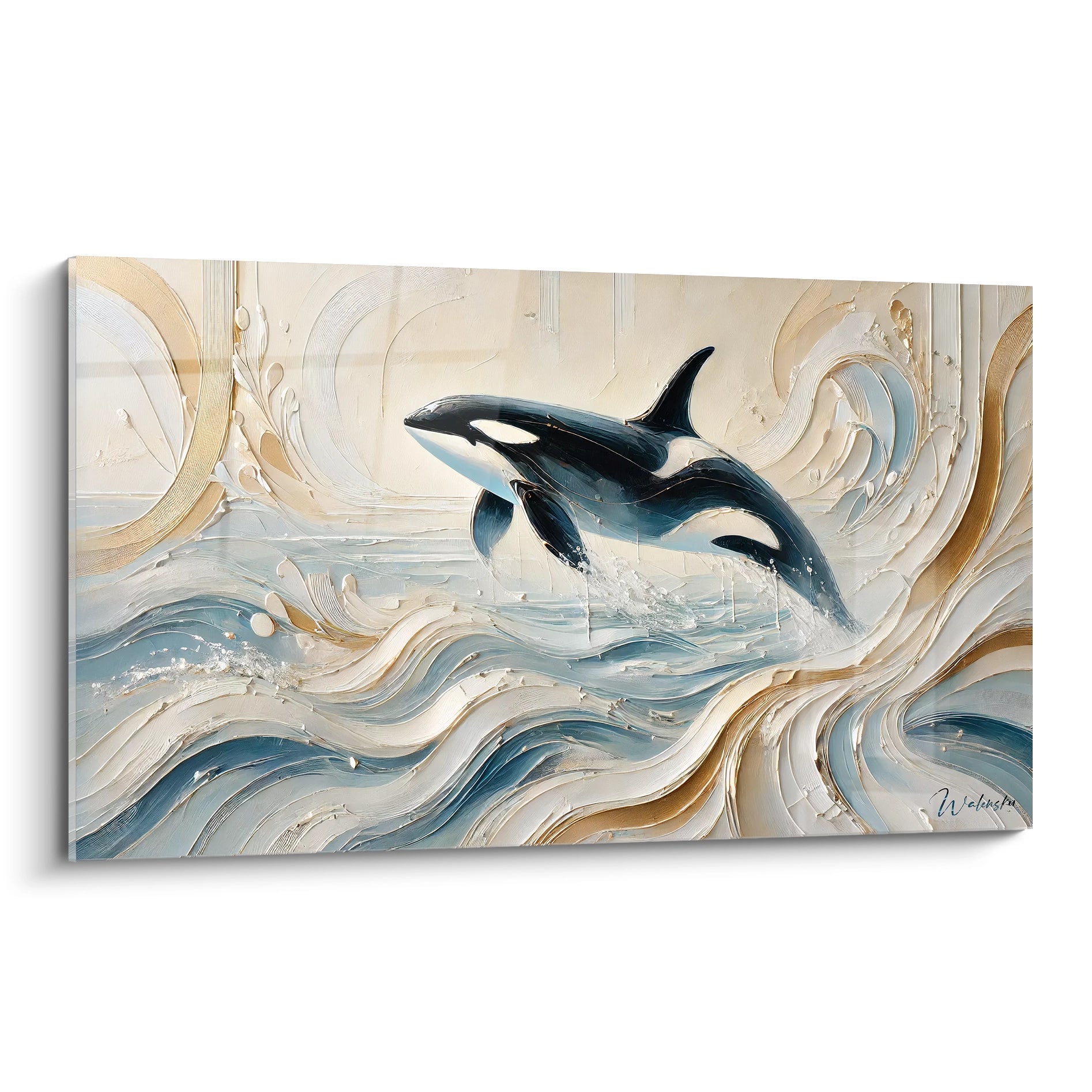 Ce tableau orque illustre une orque majestueuse jaillissant des vagues. Le mouvement fluide et les couleurs sobres, noir et blanc, ajoutent une touche élégante à votre décoration.