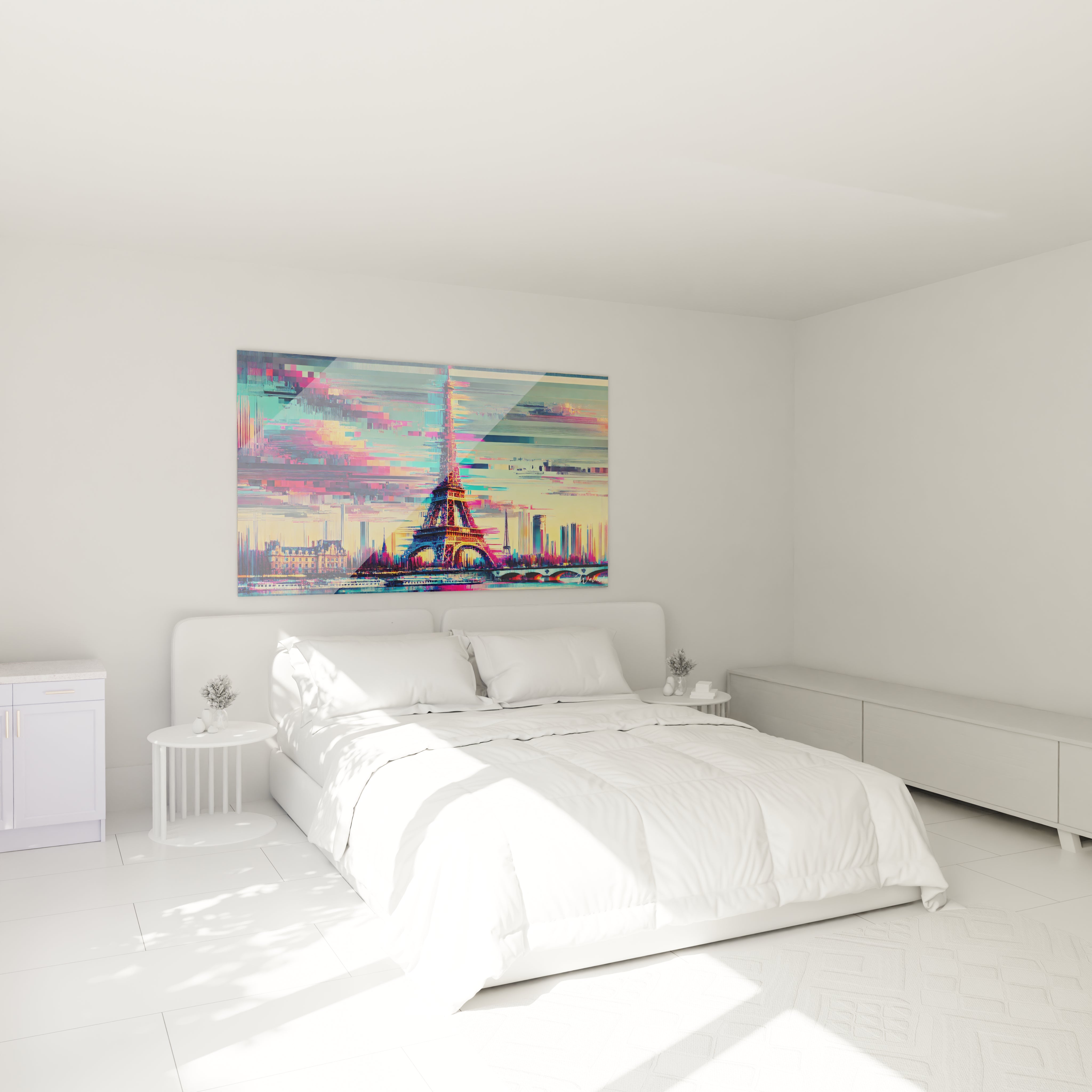 tableau Tour Eiffel dans une chambre au-dessus du lit illumine l’espace avec ses tons vifs et son style glitch art. Une pièce moderne évoquant la fusion entre tradition et innovation, idéale pour inspirer.