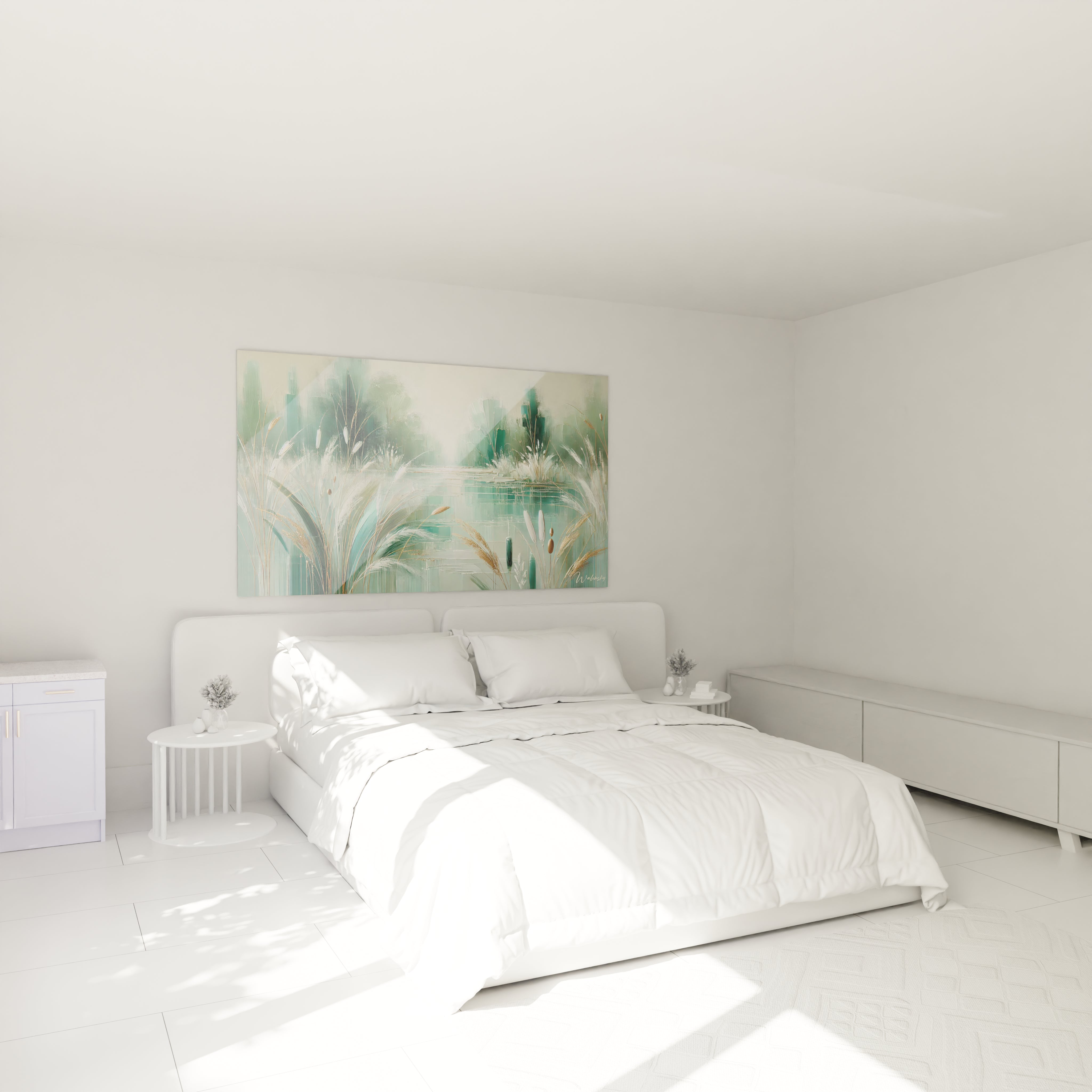 Dans la chambre, ce tableau decoration paysagere s'accroche au mur au-dessus du lit, apportant une touche de calme et de beauté etheree pour des nuits de repos paisible.
