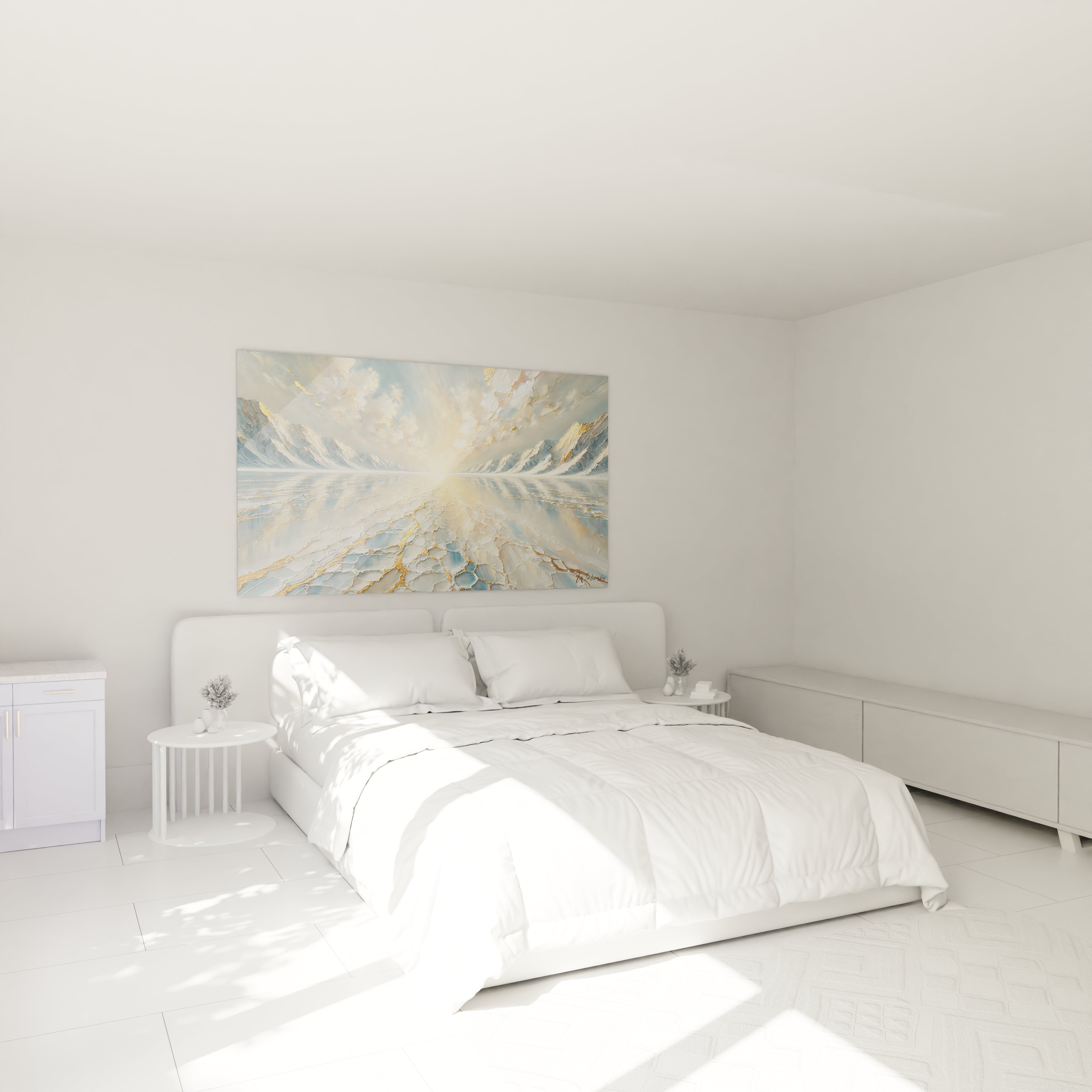 Tableau oeuvre paysagere inspire d un paysage infini accroche dans une chambre surplombant un lit symbolisant le froid et la chaleur de la nature
