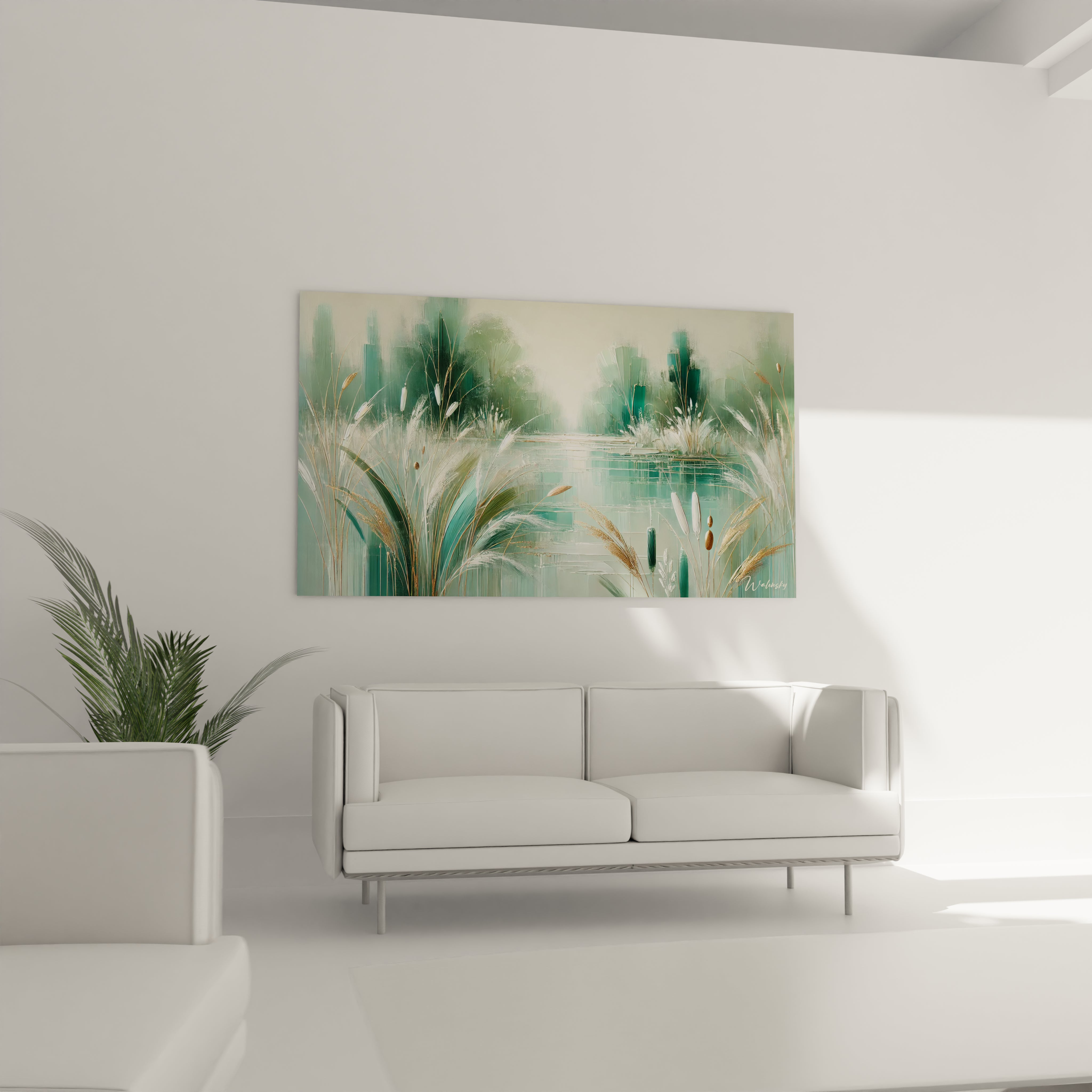Accroché dans le salon, ce tableau decoration paysagere illumine l'espace au-dessus du canapé, offrant une atmosphère chaleureuse et rêveuse, idéale pour se détendre.