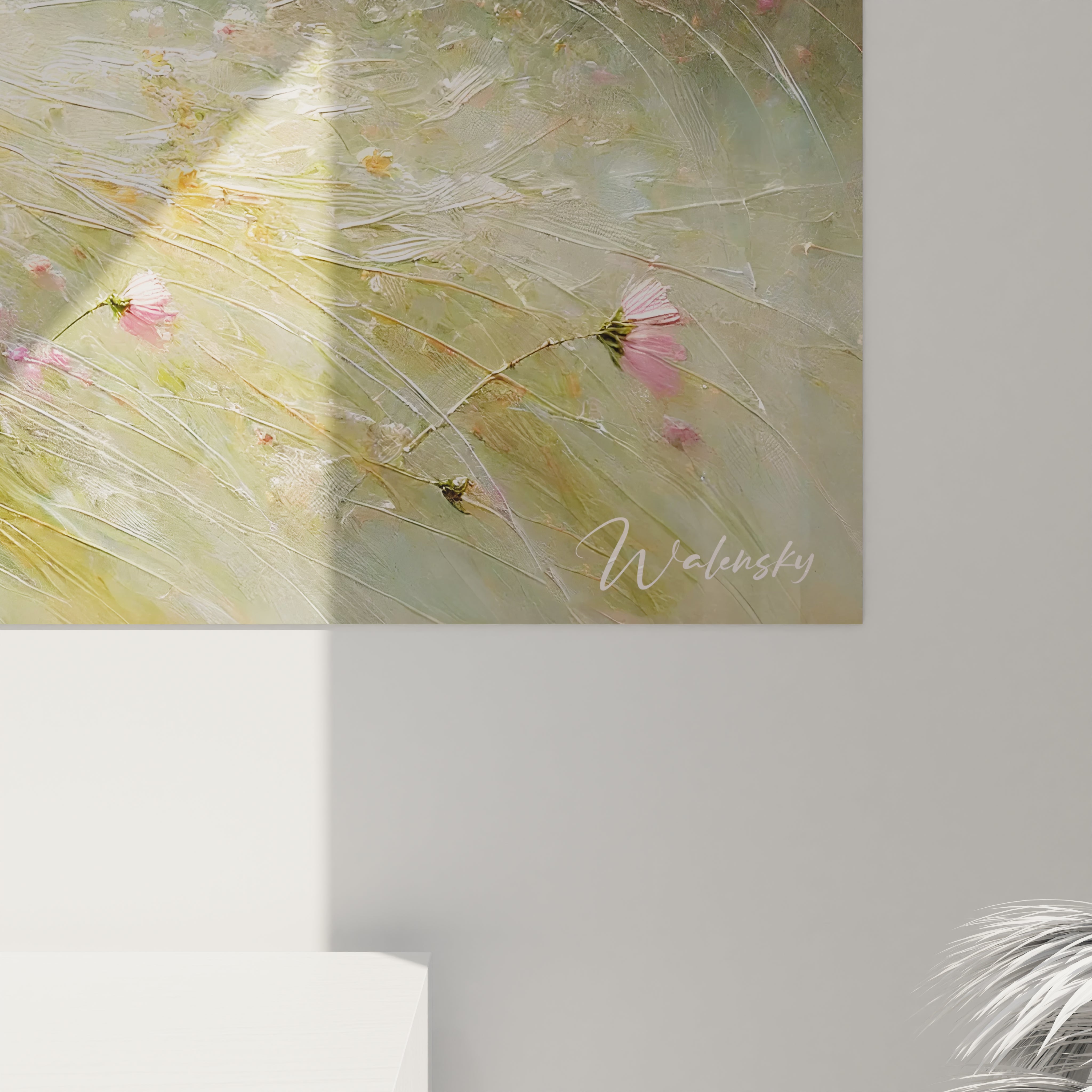 vue de pres le tableau toile de campagne devoile des textures impressionnistes qui donnent vie a chaque fleur et brin d herbe evoquant une douceur naturelle