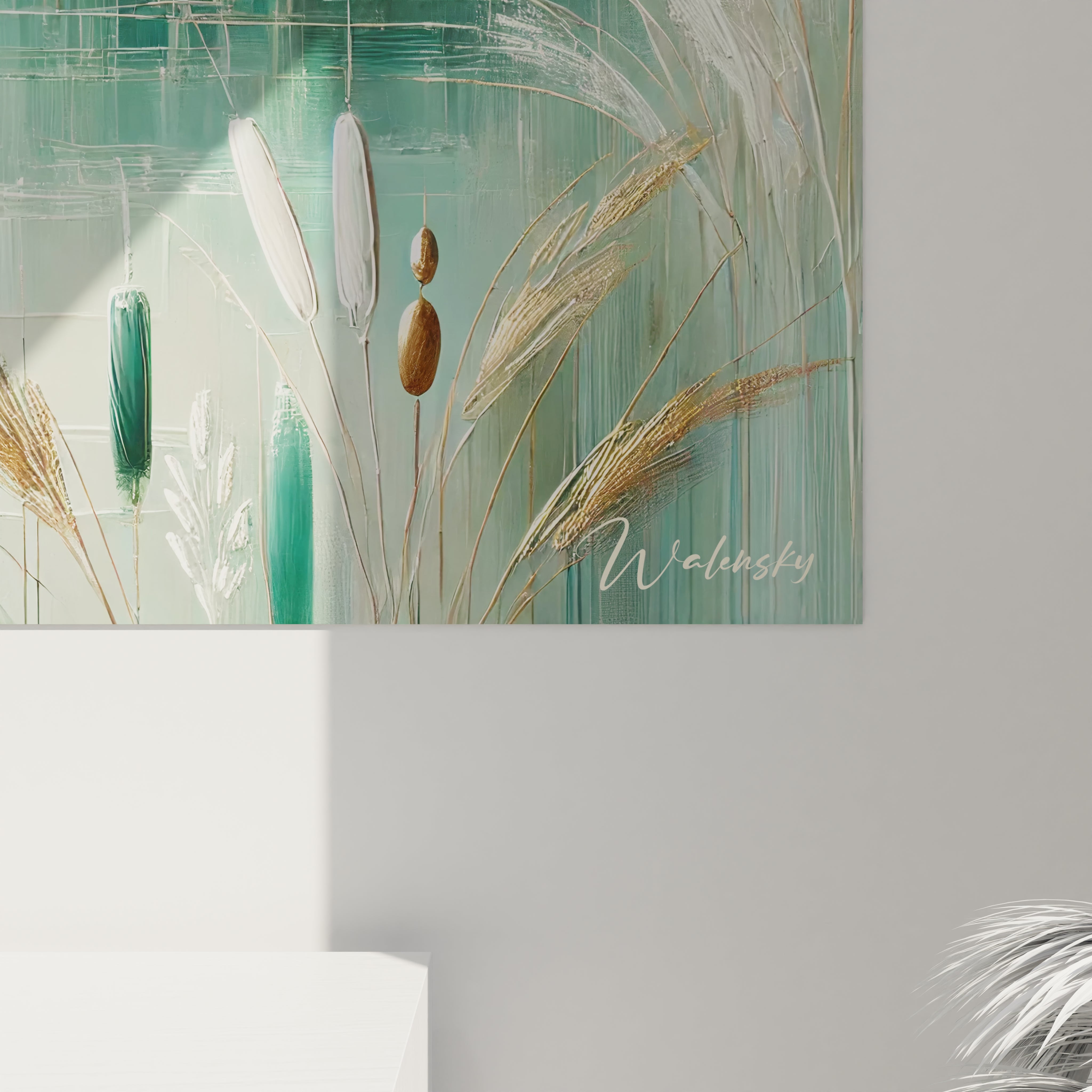 Cette vue de près du tableau decoration paysagere révèle des teintes de vert, blanc et bronze, évoquant la serenite et la fragile beauté des zones humides. Un véritable appel à l'évasion.