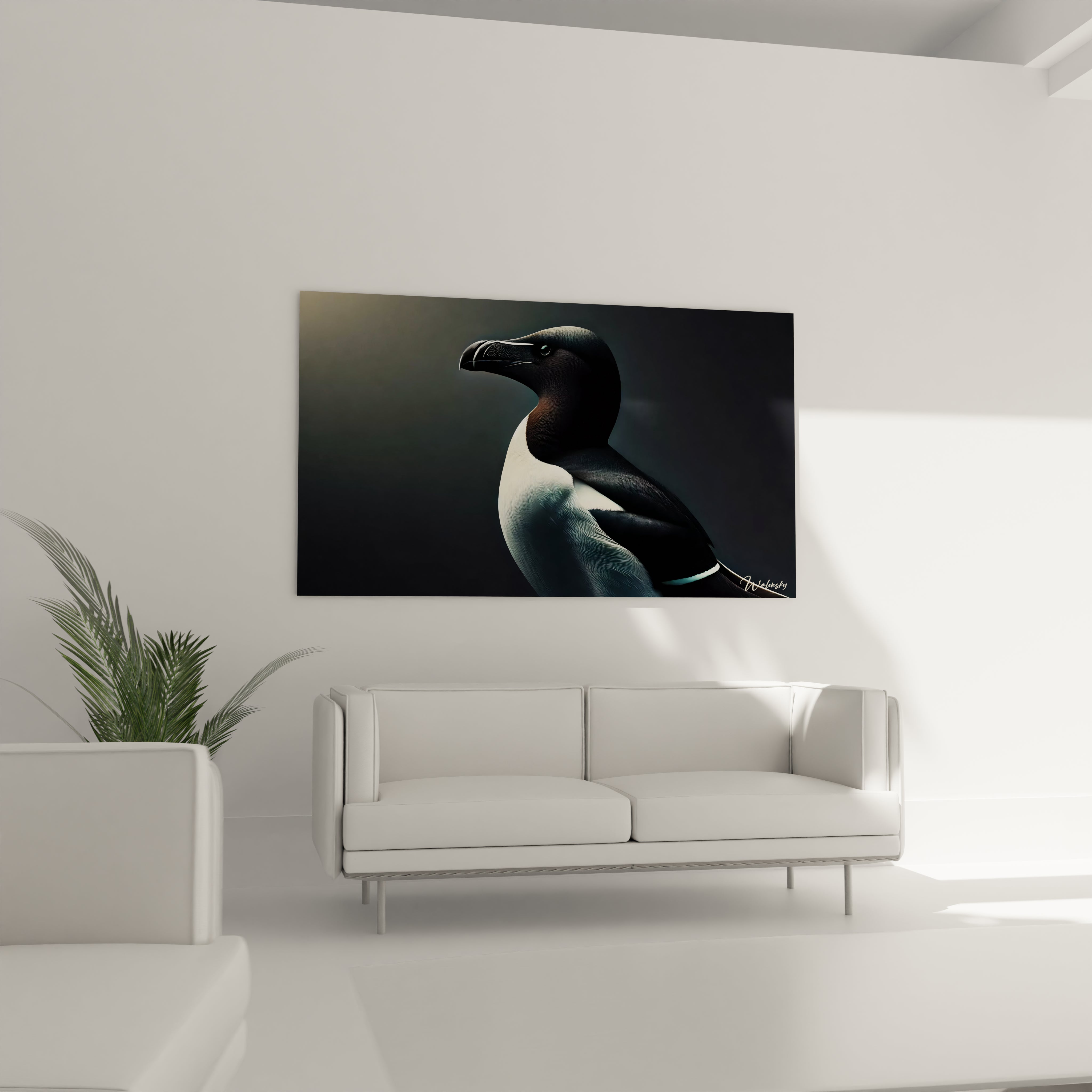 Ce tableau pingouin au-dessus du canapé du salon attire immédiatement l'attention avec son réalisme saisissant. Il ajoute une élégance discrète à votre espace tout en apportant une note de calme.