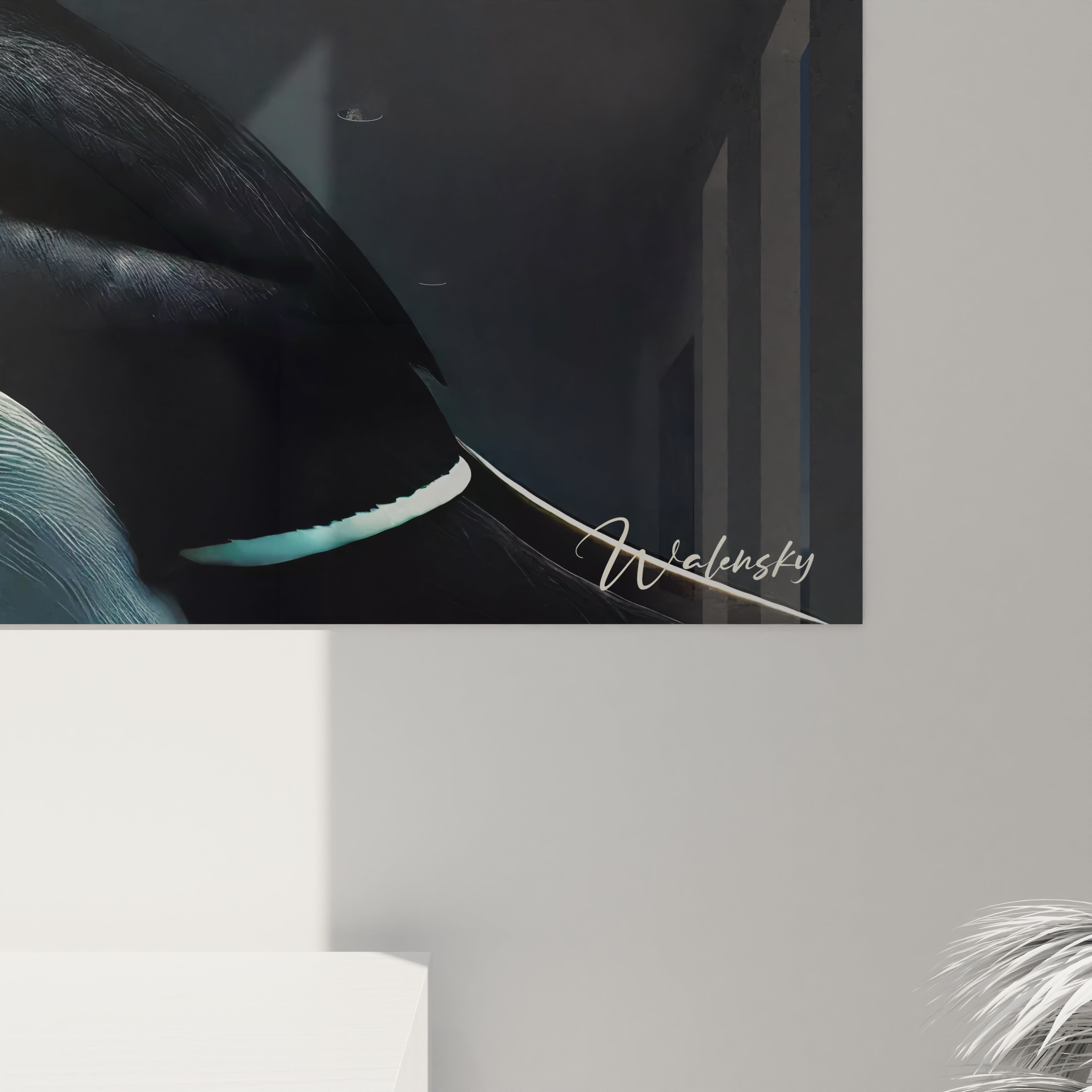 Vue de près, ce tableau pingouin révèle un travail minutieux sur le plumage et la lumière, capturant la force et la solitude de cet oiseau majestueux dans un style épuré et contemplatif.