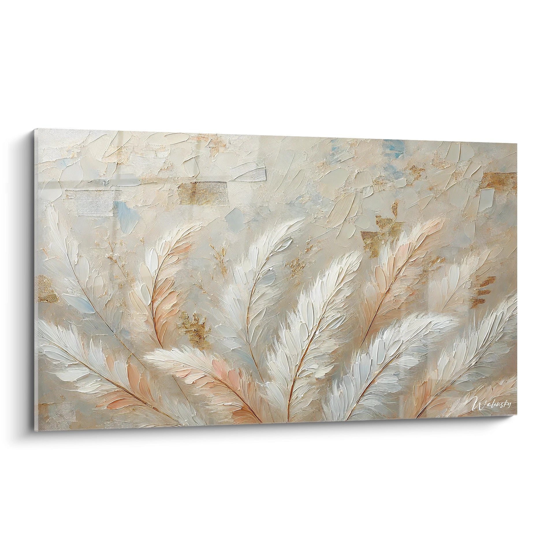 tableau plume vu de biais capture la douceur des plumes flottantes en apesanteur avec des teintes beiges et or Elegance et legerete se rencontrent dans une œuvre realiste et abstraite
