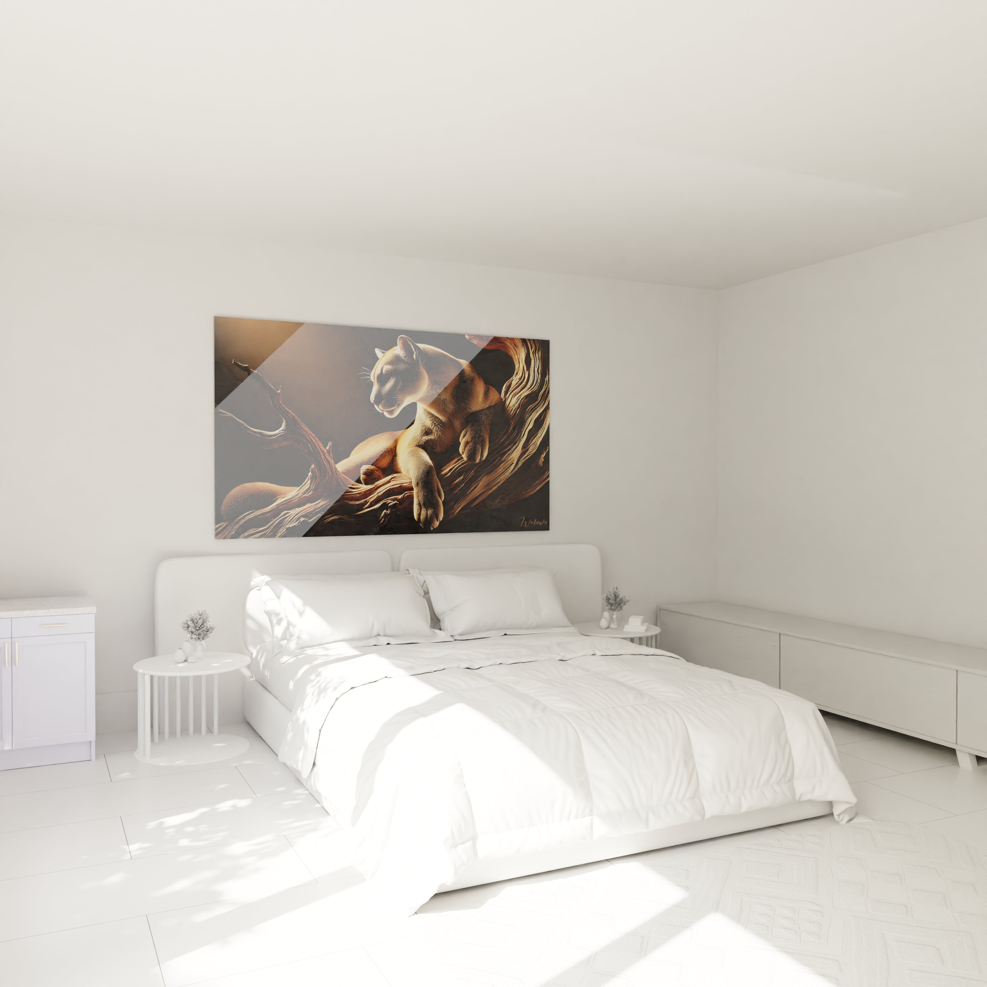 Ce tableau puma ajoute une presence majestueuse a la chambre avec son jeu d ombres et de lumiere le puma en pleine meditation cree une ambiance apaisante et intense au-dessus du lit