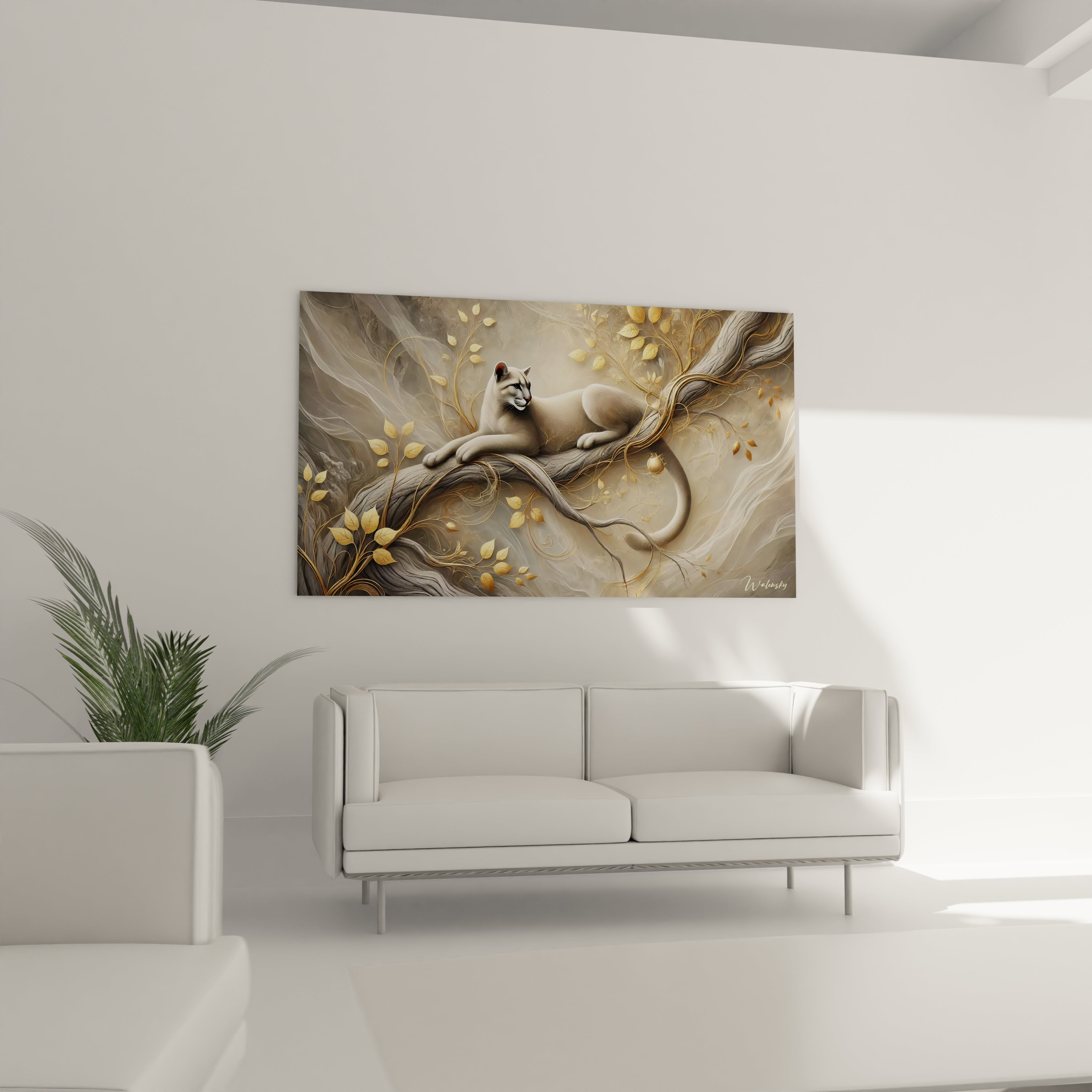 Tableau puma dans un salon : positionne au dessus du canape, ce tableau apporte une touche de calme et d'elegance au decor avec son melange de beige, gris et or, mettant en valeur le pelage soyeux du puma.