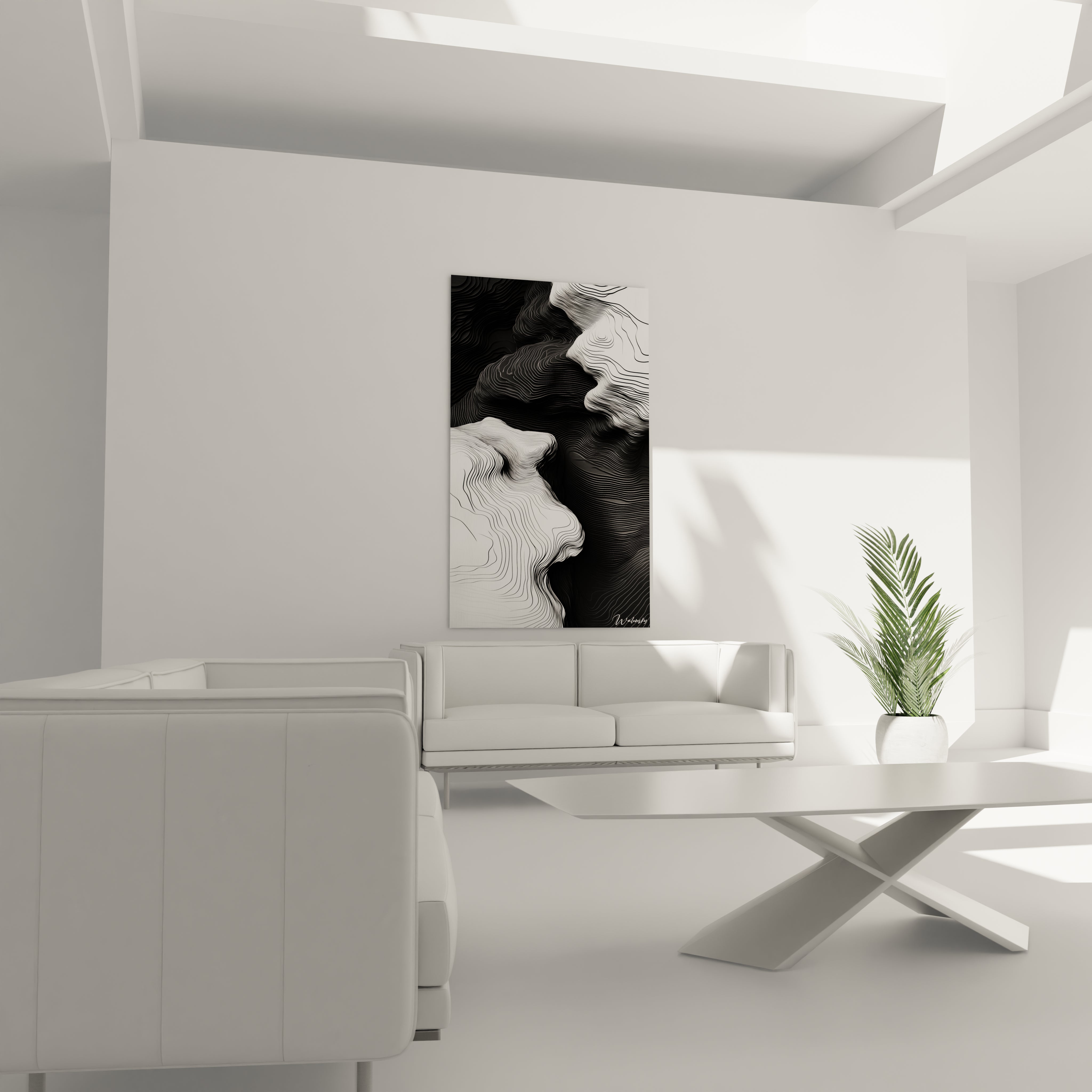 Un tableau abstrait noir et blanc composé de fines lignes topographiques créant des reliefs ondulants. Le contraste saisissant entre zones claires et sombres génère une impression de mouvement fluide, tandis que les courbes précises évoquent des cartographies imaginaires aux textures délicates.