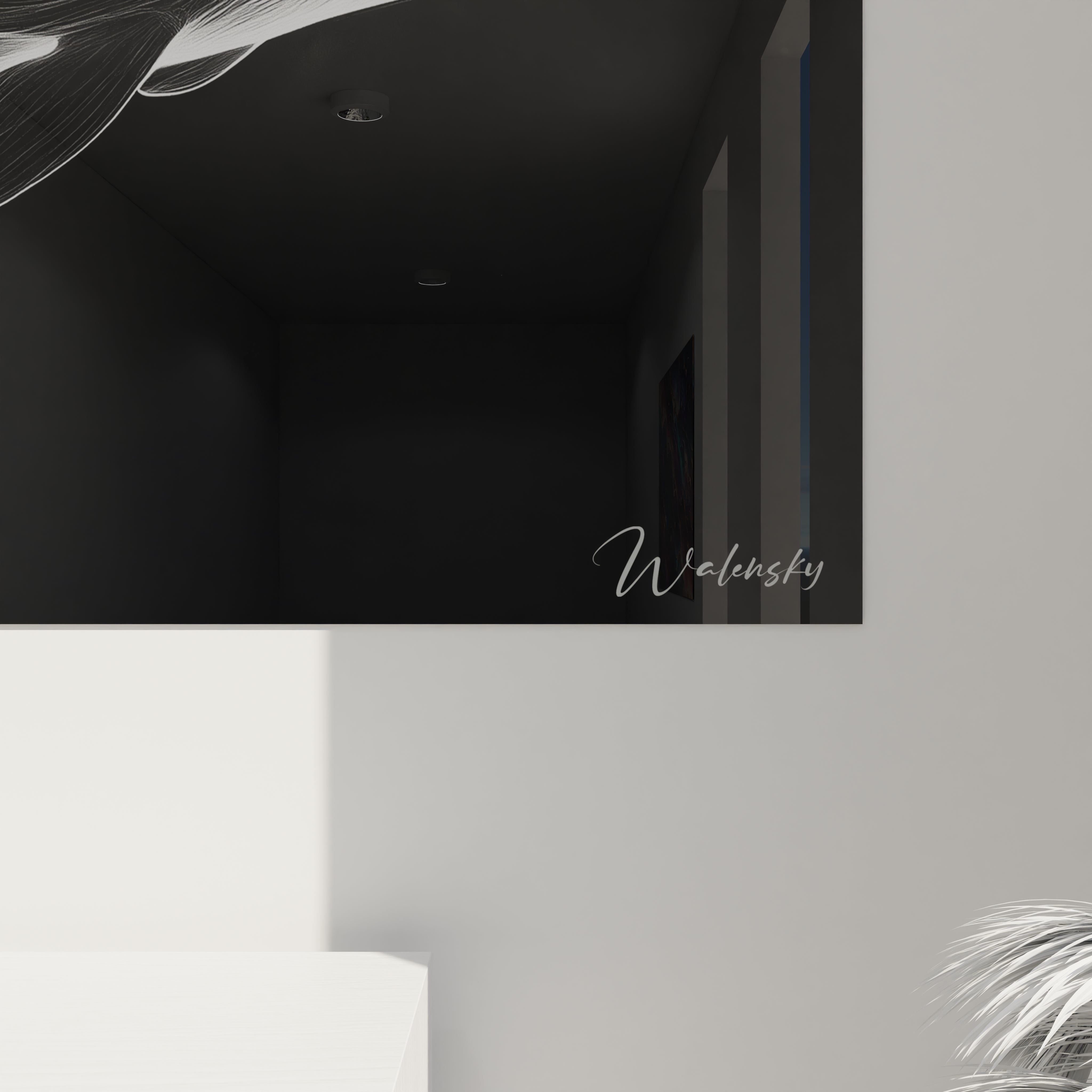Un tableau dauphin monochrome représentant le mammifère marin en mouvement horizontal. L'œuvre se caractérise par sa technique de lignes blanches fines qui se superposent sur fond noir, évoquant à la fois fluidité et légèreté. L'unique œil visible et les nageoires finement dessinées complètent cette silhouette épurée et élégante.