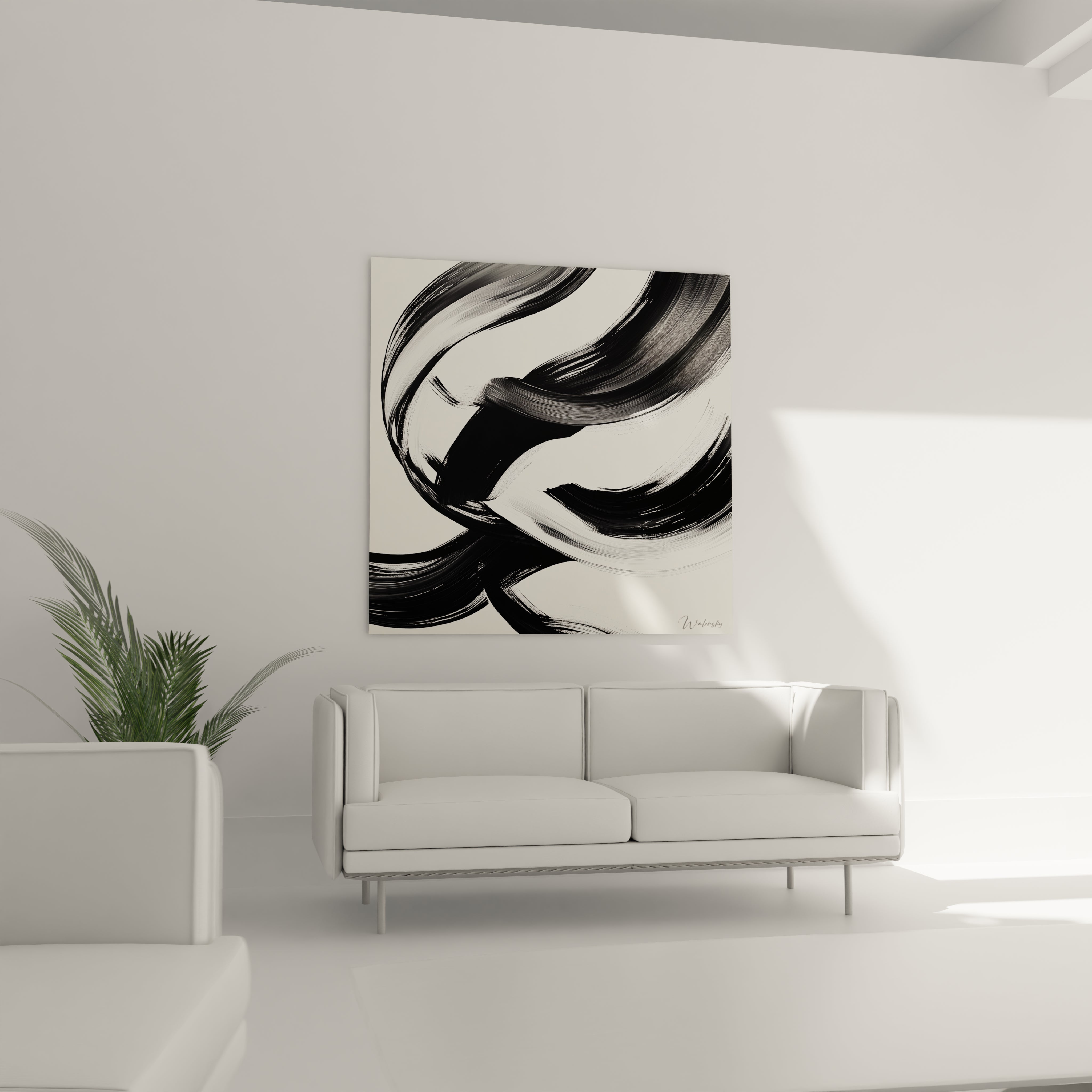 Un tableau rayures noir et blanc gestuel caractérisé par des traces amples et rythmées évoquant une danse visuelle. Les lignes noires sinueuses varient en épaisseur et en intensité, formant des motifs fluides qui traversent l'espace blanc avec une texture visible des coups de pinceau.