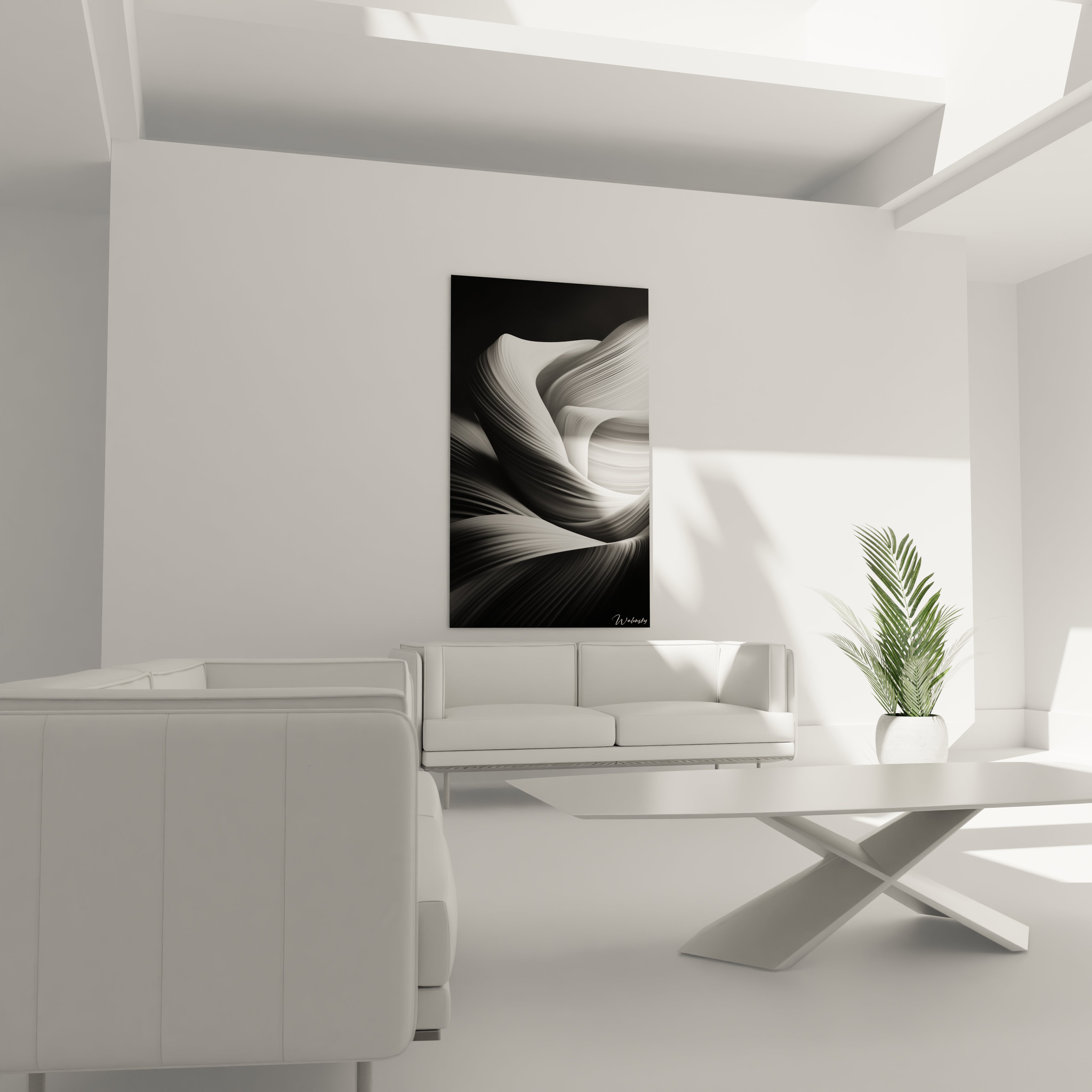 Un tableau minimaliste de rayures noir et blanc présentant des formes organiques en mouvement. Composition dynamique aux courbes fluides, texture striée délicate formant des vagues superposées, jeu d'ombre et de lumière créant une sensation de volume.