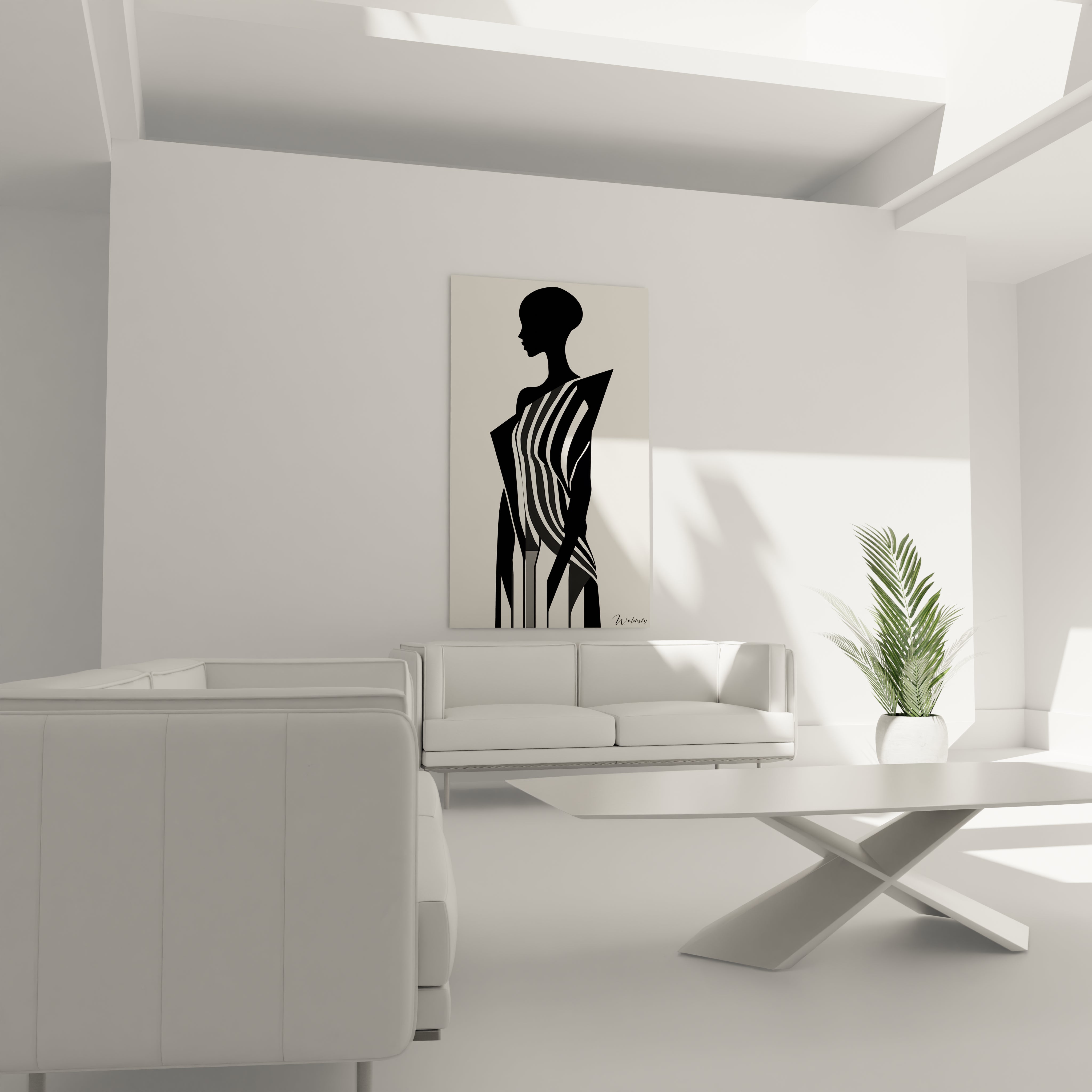Un tableau rayures géométriques présentant une figure humaine élégante en noir avec des bandes blanches et grises qui créent un effet de mouvement. La composition minimaliste joue sur les contrastes francs et les lignes fluides qui suggèrent le volume corporel.