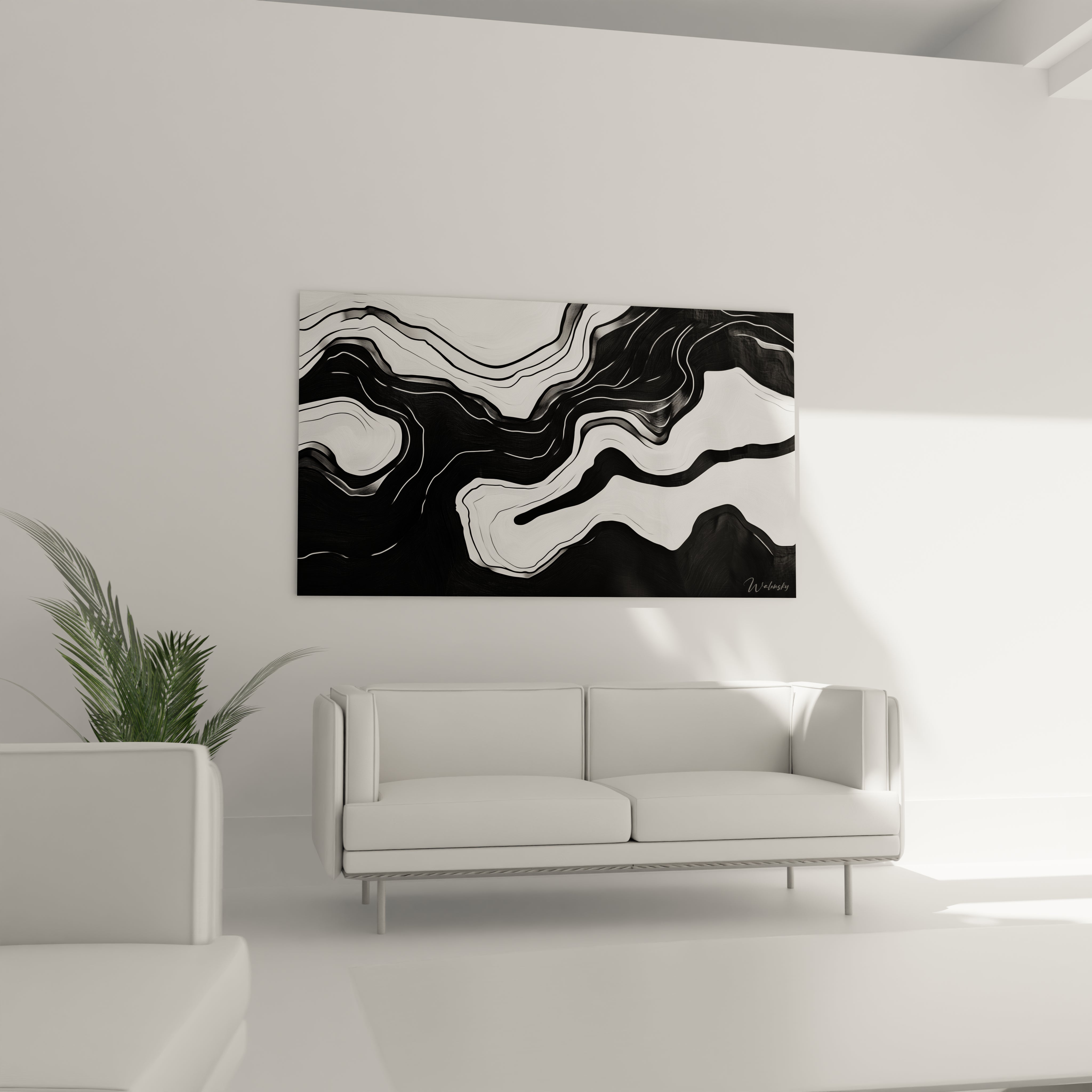 Un tableau rayures noir et blanc minimaliste composé de formes abstraites en mouvement. Les lignes courbes s'entrelacent harmonieusement, créant un jeu visuel dynamique entre zones d'ombre profondes et espaces lumineux, sur une surface aux fines striations texturées.