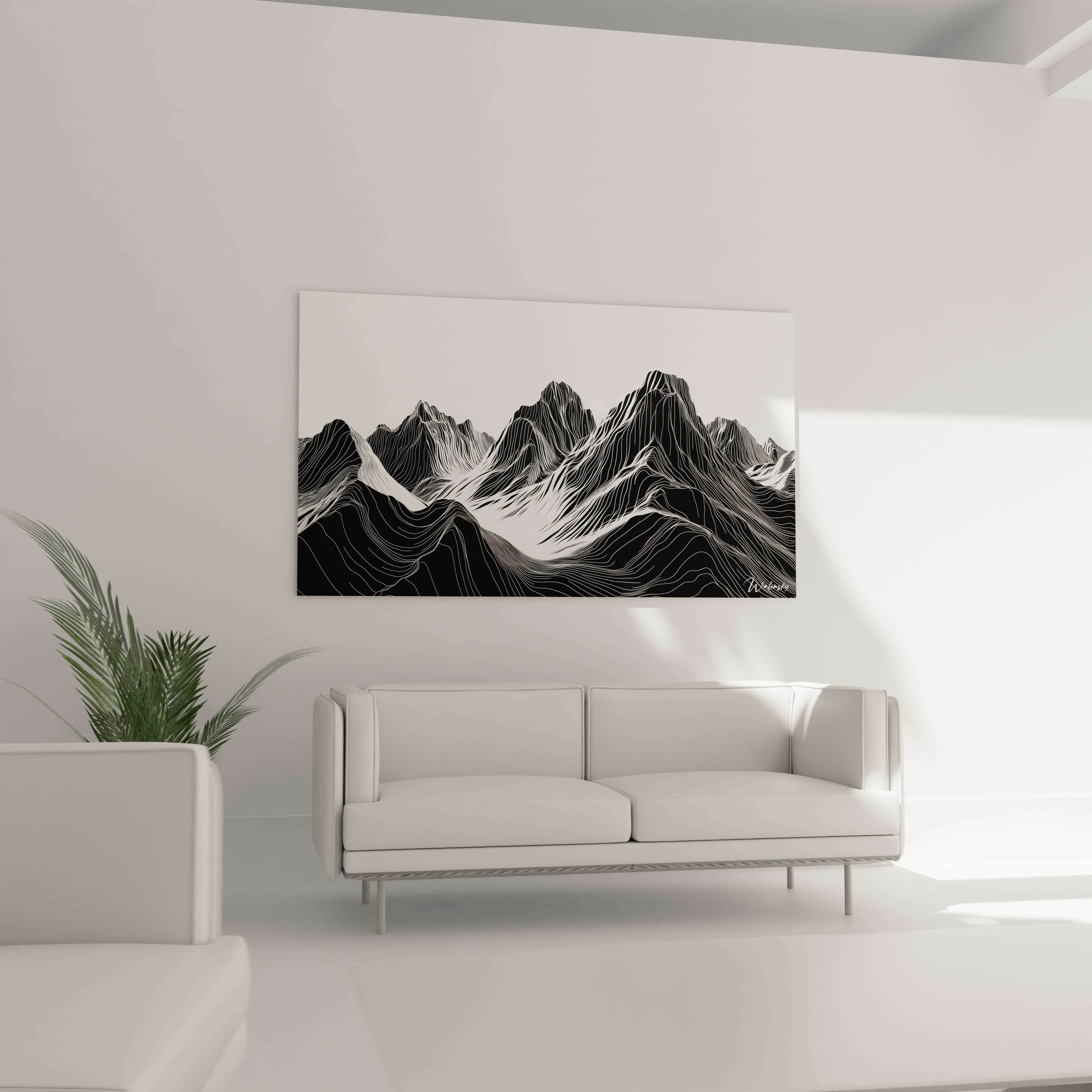Un tableau montagnes abstraites composé uniquement de fines lignes blanches sinueuses sur fond noir. Les motifs topographiques dessinent avec précision chaque élévation et dépression du massif montagneux, produisant un effet hypnotique où les formes naturelles se transforment en composition géométrique rythmée.