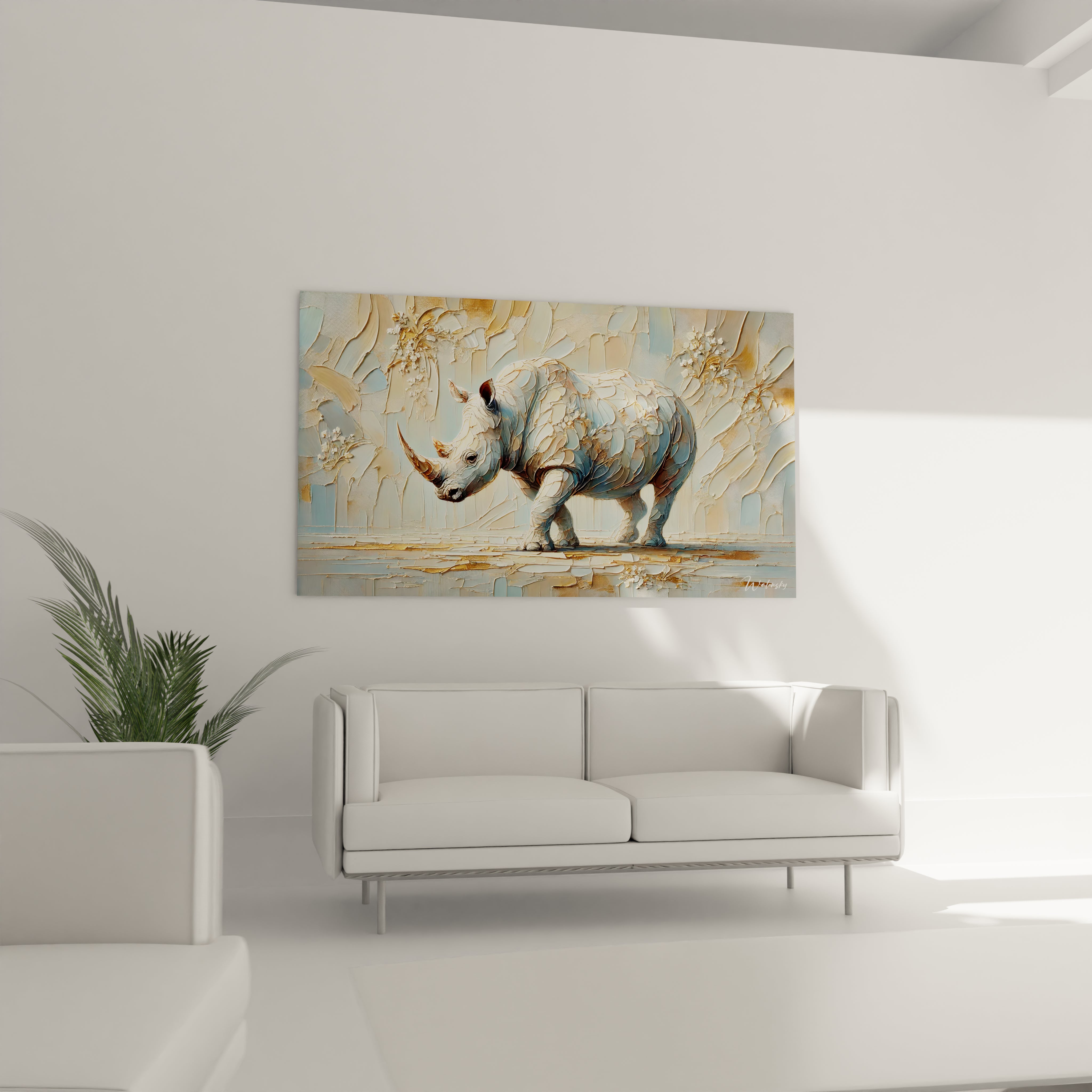 Le tableau rhinoceros orne le mur du salon, juste au-dessus du canapé. Sa texture riche et ses nuances apaisantes en font une pièce maîtresse captivante dans votre décor.