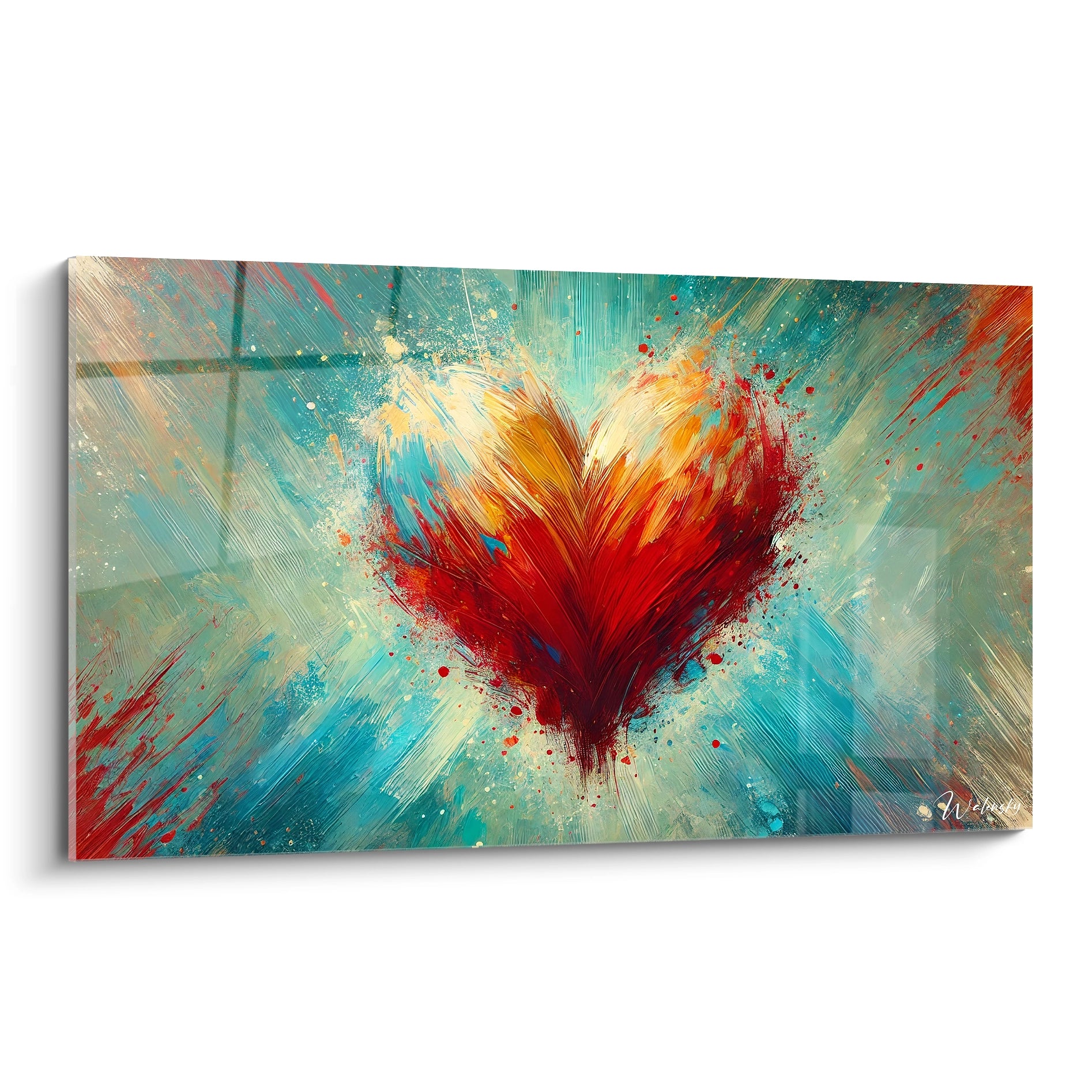 Une vue dynamique de ce tableau coeur abstrait, célébrant l'amour avec des couleurs vibrantes. Les nuances rouges, bleues et oranges captivent et évoquent passion et sérénité.