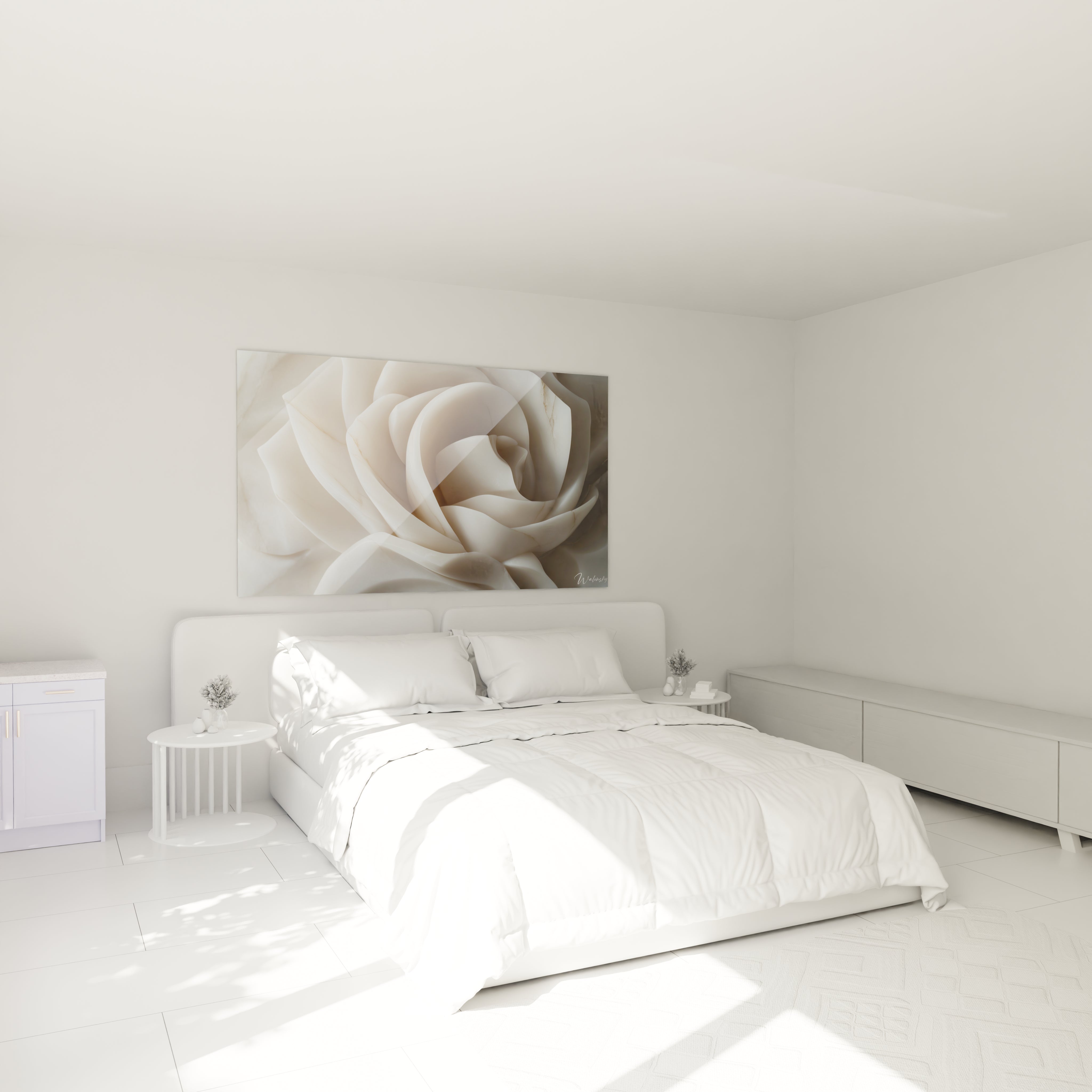 Un tableau rose nature illustrant des formes florales abstraites, avec des dégradés de blanc et beige, des veinures dorées et une surface aux reflets satinés.