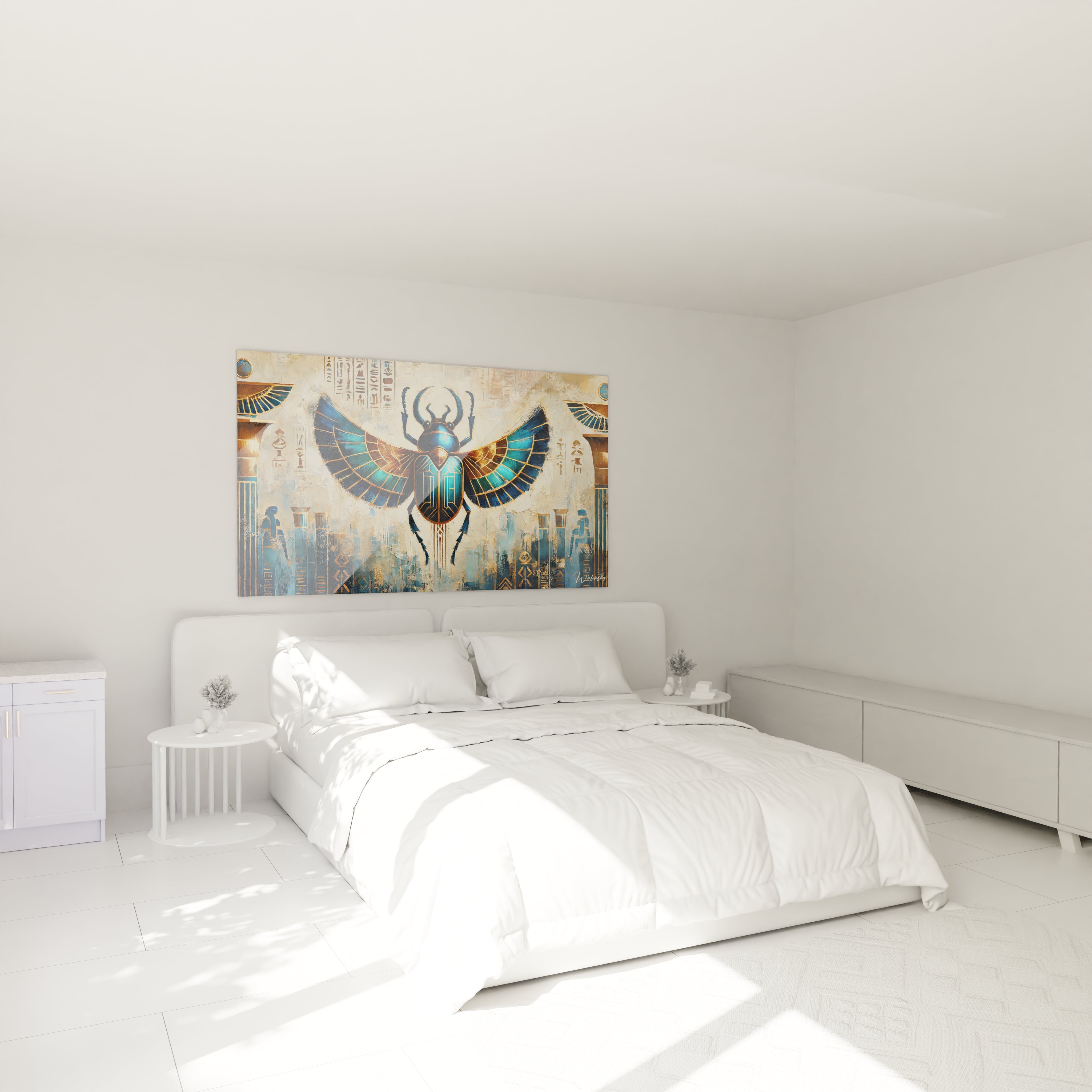 Decorez votre chambre avec un tableau scarabee representant la renaissance et la protection. Les tons bleus profonds et dorees evoquent le ciel et le Nil, apportant serenite et equilibre.