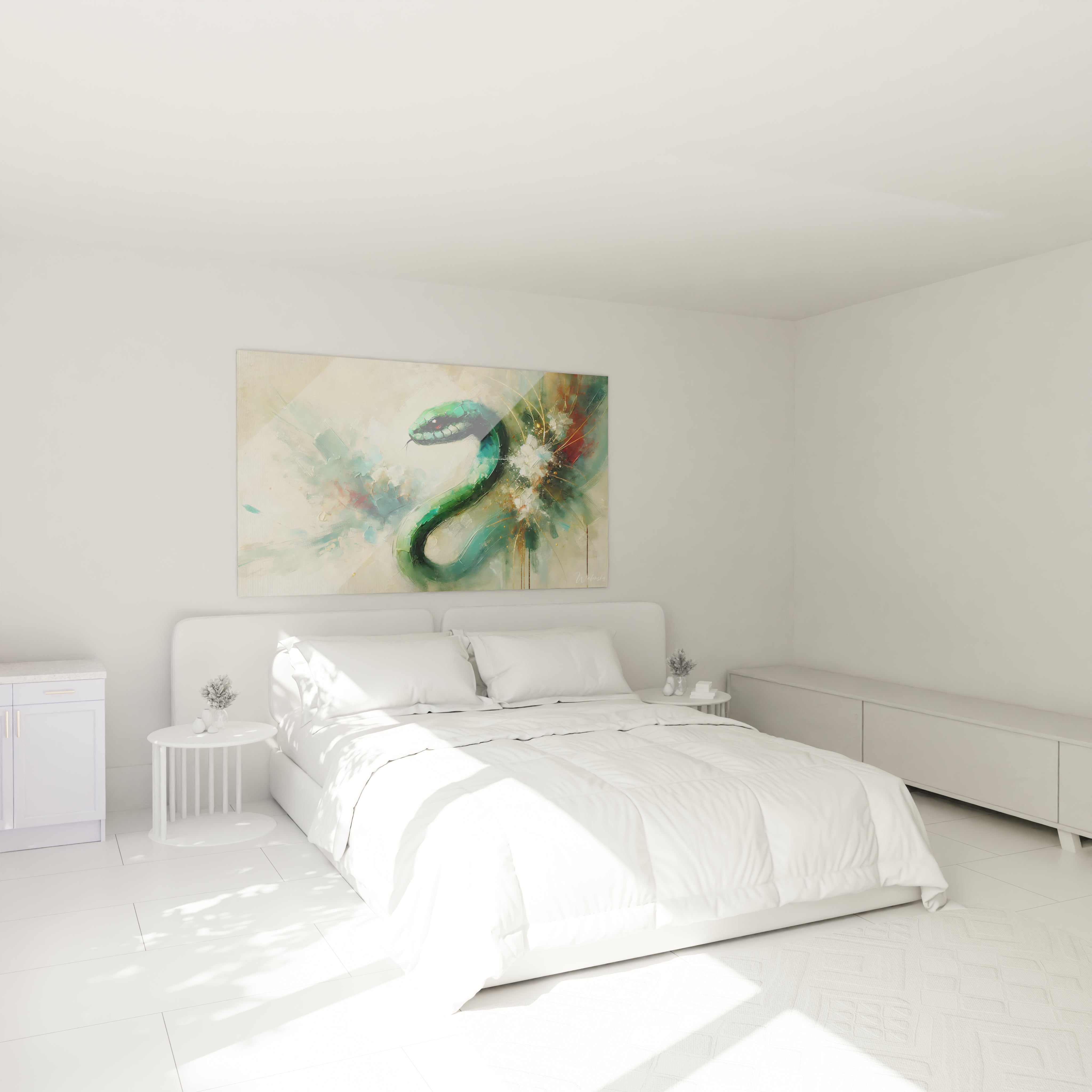 Le tableau serpent dans une chambre apporte mystère et sophistication au-dessus du lit . Le contraste entre le serpent détaillé et le fond abstrait crée une atmosphère apaisante et élégante .