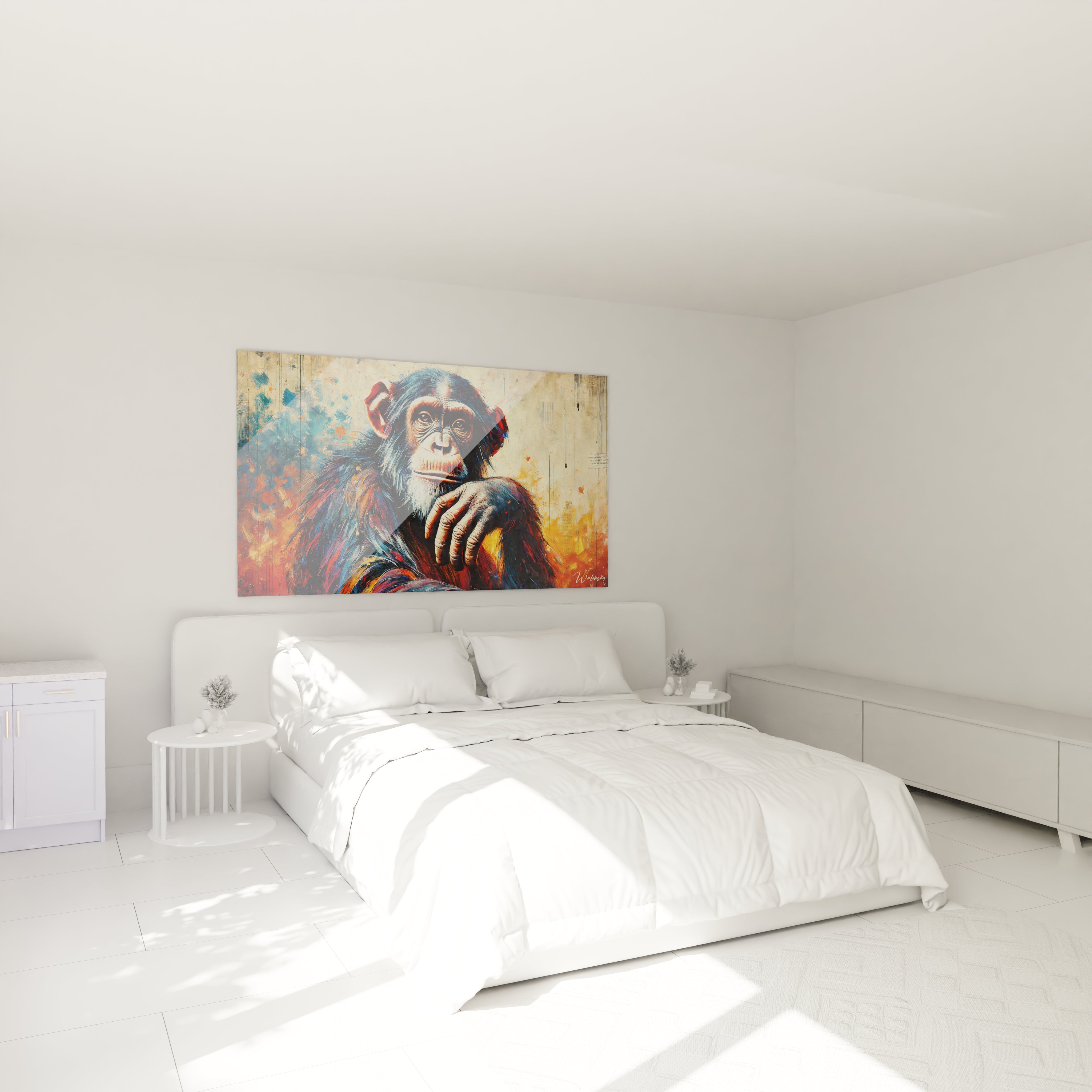 Accroché au-dessus du lit, ce tableau singe apporte une profondeur émotionnelle à la chambre, sublimant l'espace avec son mélange audacieux de couleurs vives.