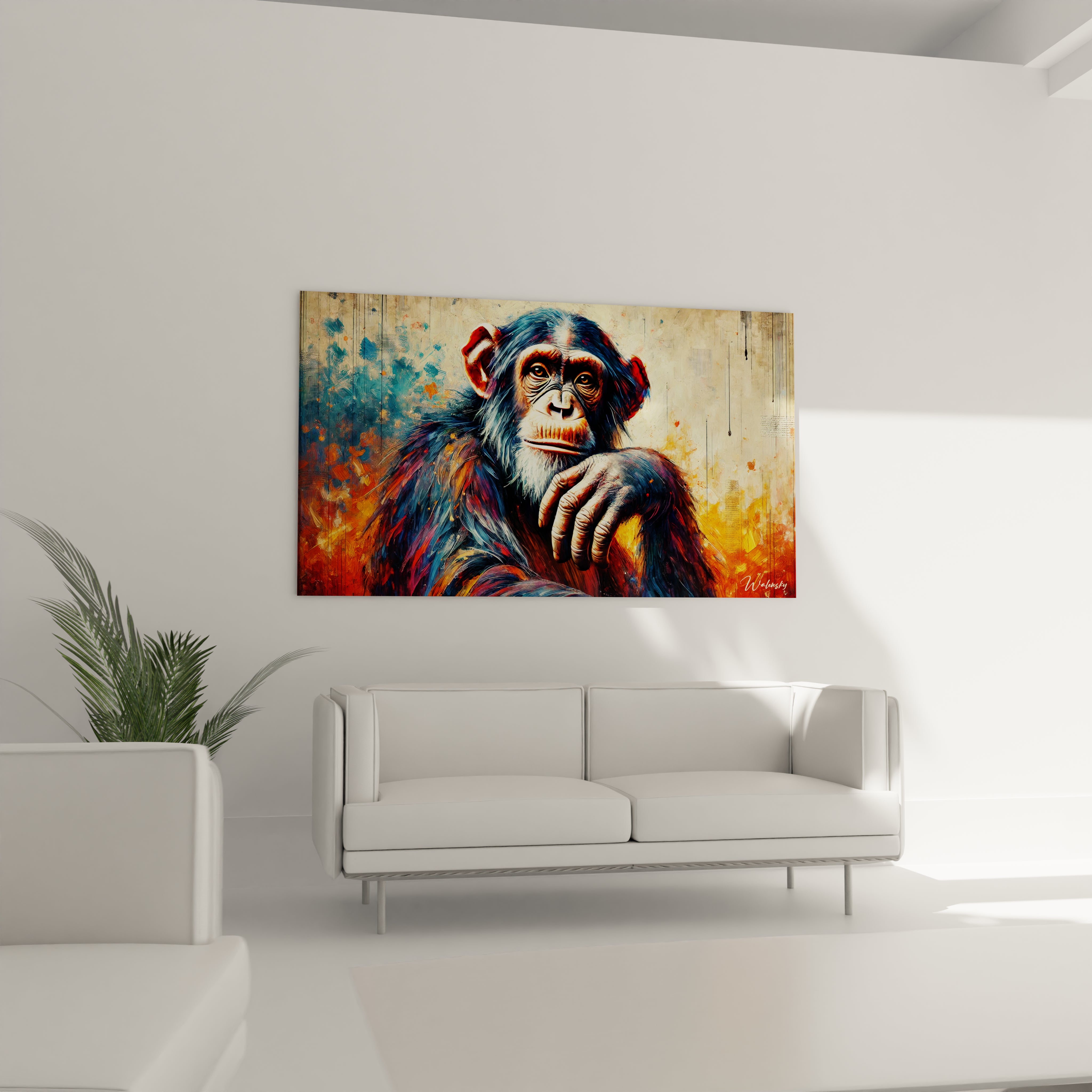 Dans le salon, ce tableau singe transforme l'espace au-dessus du canapé, sa richesse colorée et son expression poignante ajoutent une touche d'intensité.