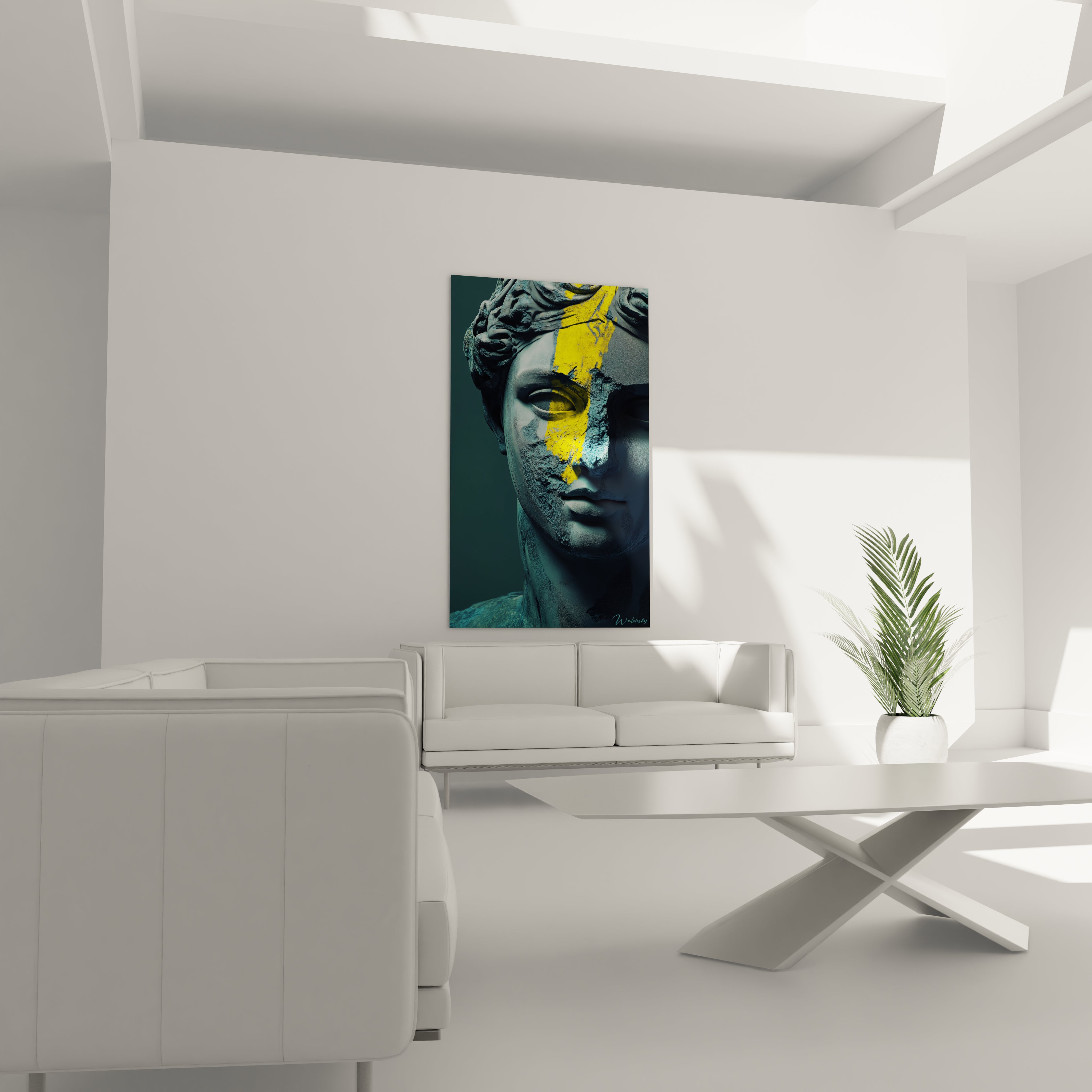 Un tableau statue néoclassique modernisé par une intervention chromatique jaune éclatante. Profil de marbre aux teintes bleu-gris sur fond sombre, détails sculptés en relief avec jeux d'ombres prononcés et traitement texturé évoquant la pierre ancienne.