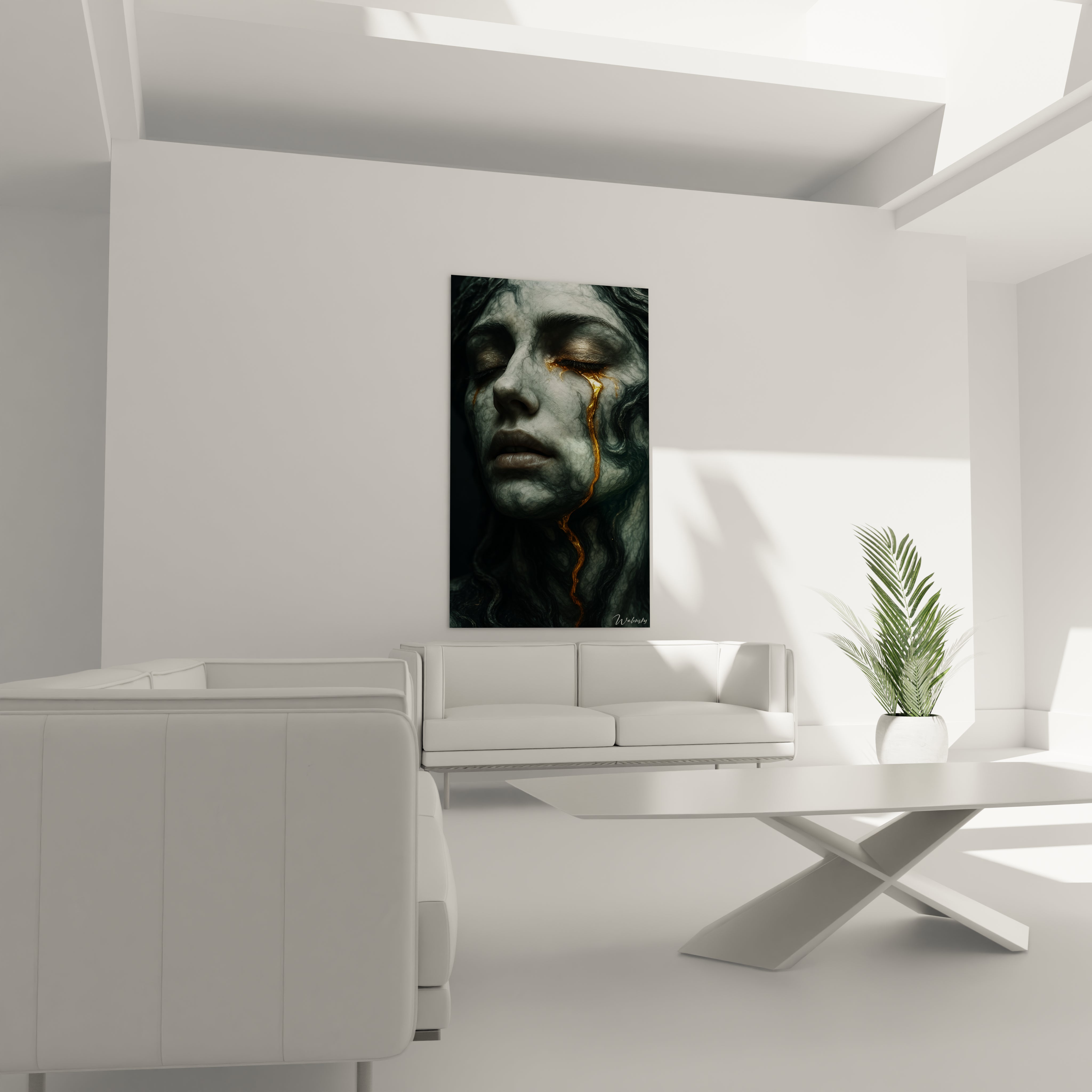 Un tableau statue en grisaille présentant un visage androgyne en pierre avec une expression mélancolique. Les nuances de gris créent l'illusion parfaite du marbre tandis qu'une larme dorée métallique trace un chemin lumineux sur la joue texturée.