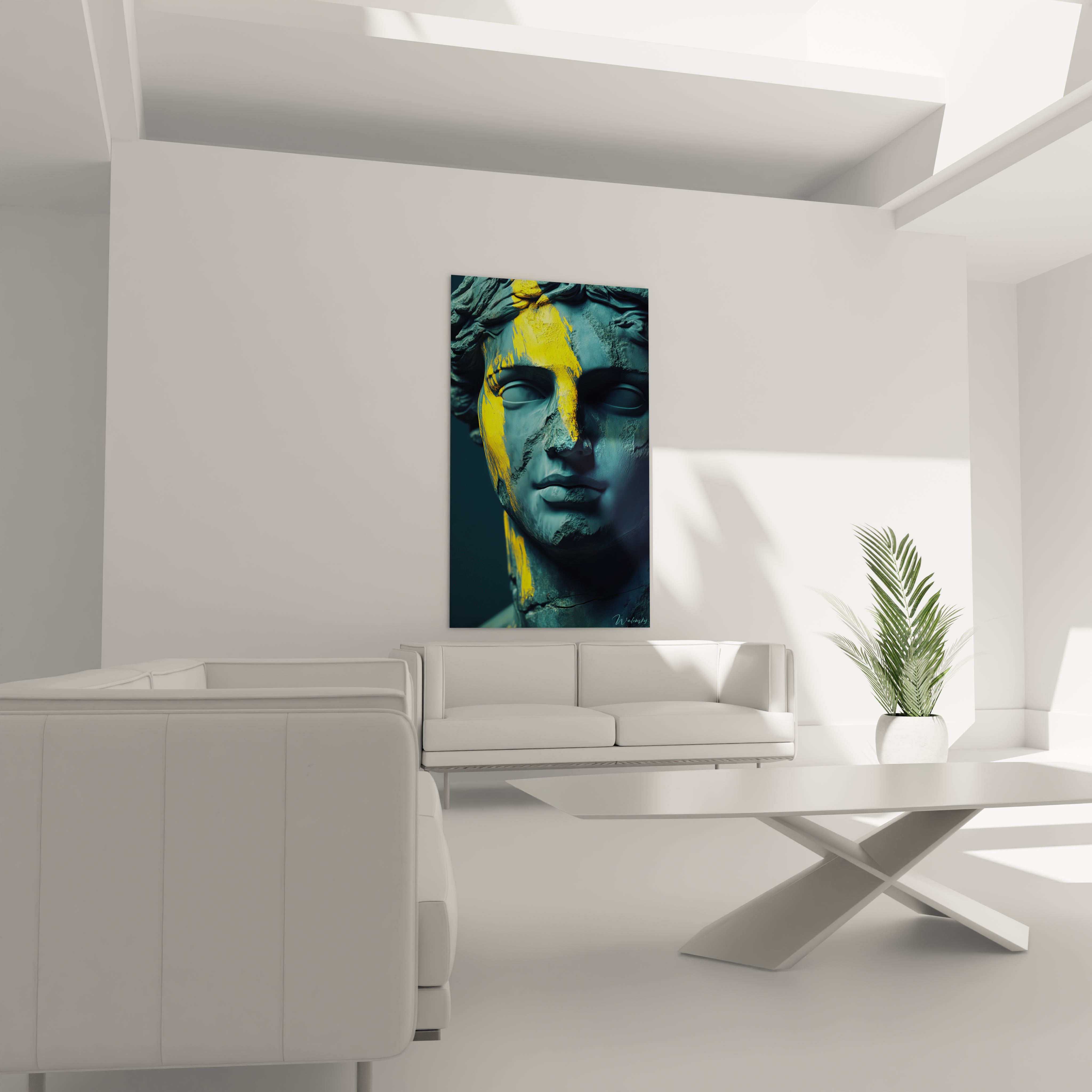 Un tableau statue classique au visage serein, traversé par une coulée de peinture jaune lumineuse. Les reliefs et ombres de la sculpture se détachent sur un fond bleu-vert profond, donnant une impression de volume et de matérialité.