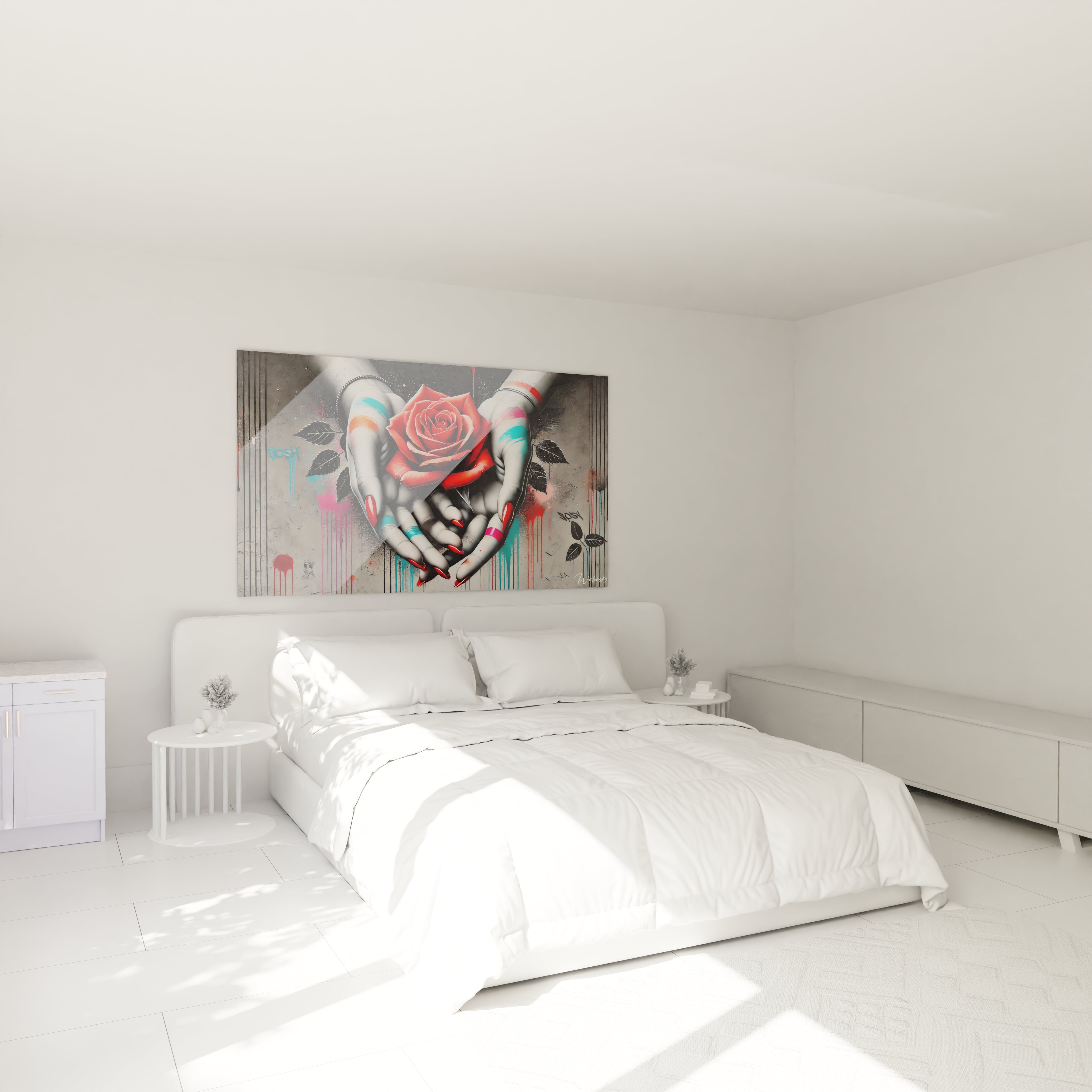 Accroché au-dessus du lit, ce tableau street art apporte une touche urbaine et poétique à votre chambre. Une rose vibrante et des contrastes saisissants pour une ambiance unique et captivante.