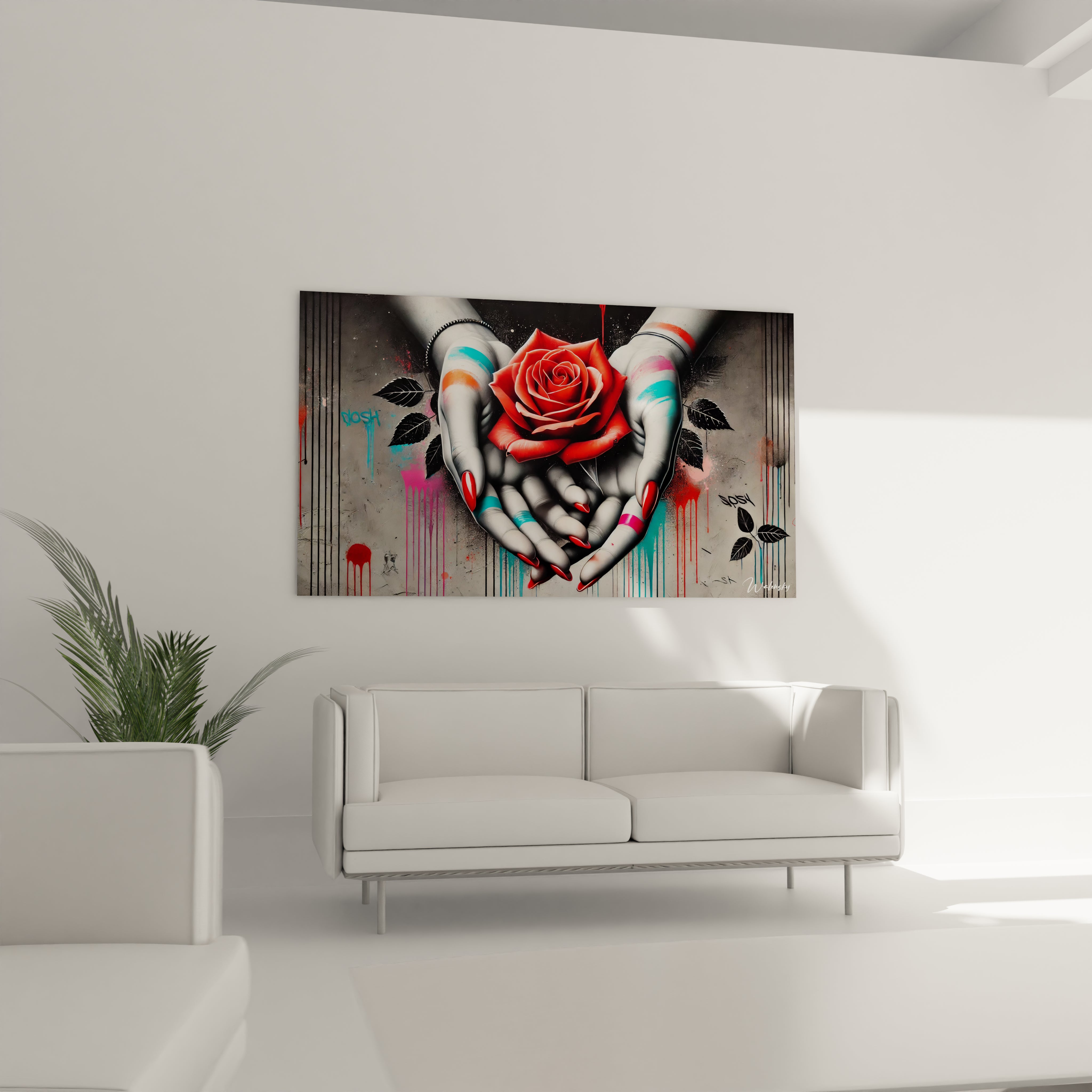 Ce tableau street art suspendu au-dessus du canapé transforme le salon en un espace moderne et énergique. La rose rouge et les éclaboussures urbaines créent un point focal puissant.