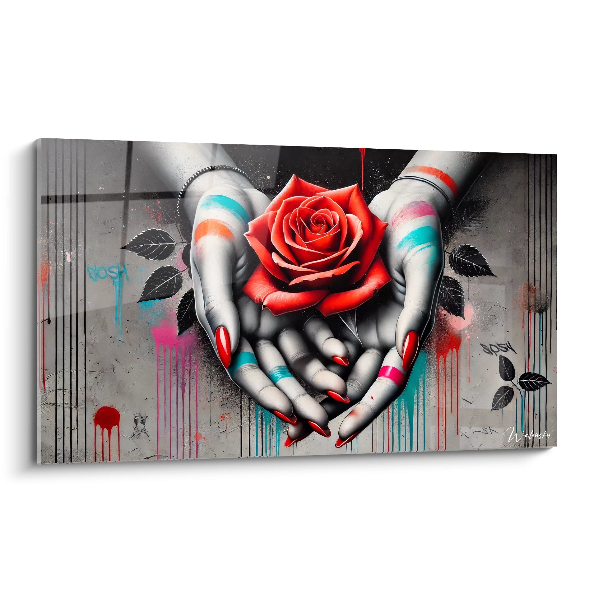 Vue de biais, ce tableau street art capte l'essence des rues avec ses teintes rouges et noires. Une œuvre moderne alliant douceur et énergie brute pour sublimer votre décoration intérieure.
