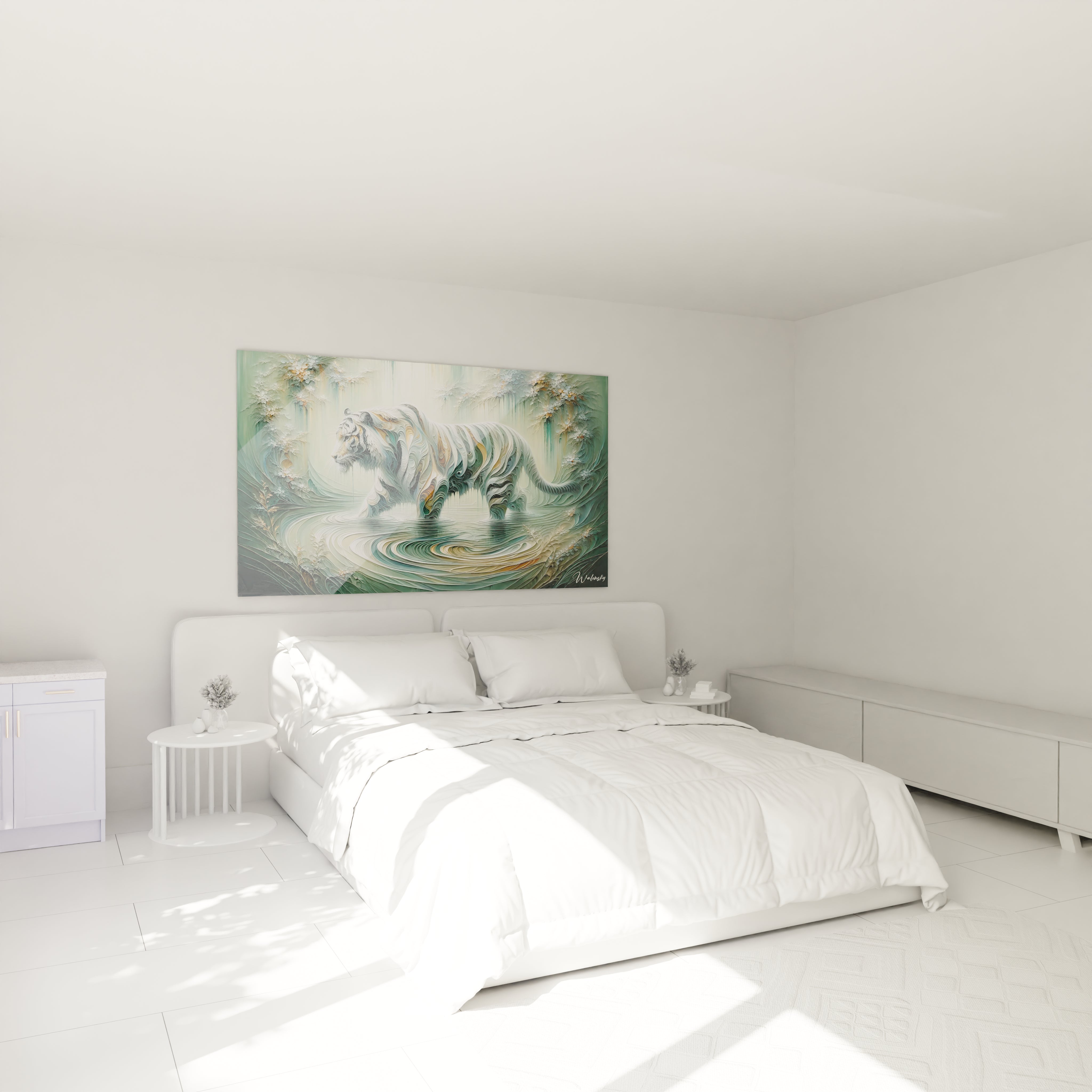 Accroché au-dessus du lit, ce tableau tigre apporte une touche de noblesse et de sérénité à la chambre. Ses couleurs naturelles s’intègrent parfaitement à un décor doux et épuré, créant une atmosphère apaisante.