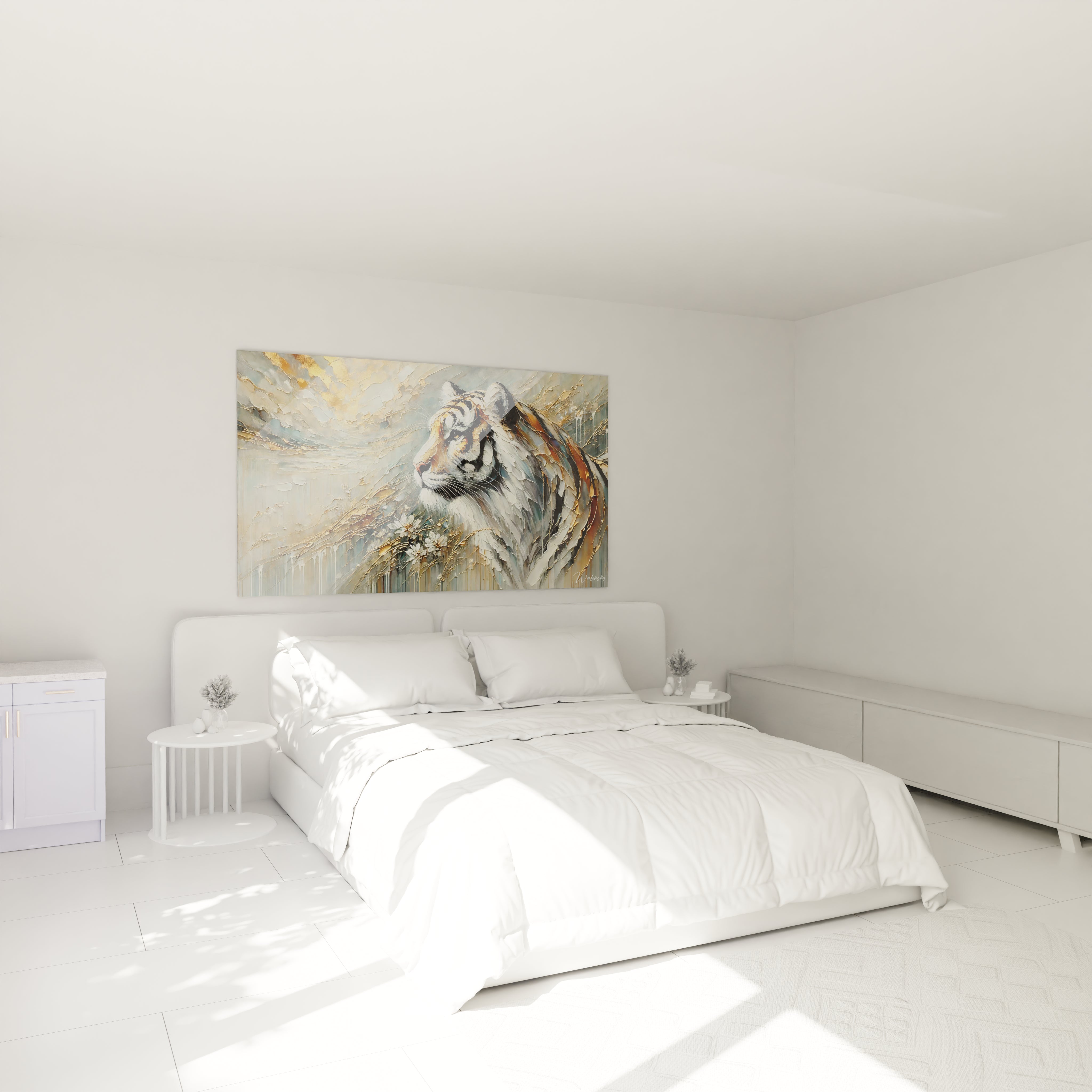 Accroché au-dessus du lit, ce tableau tigre sublime une chambre avec sa combinaison de couleurs dorées et argentées. Il apporte une touche d'élégance et de sérénité tout en capturant la puissance de cet animal majestueux.