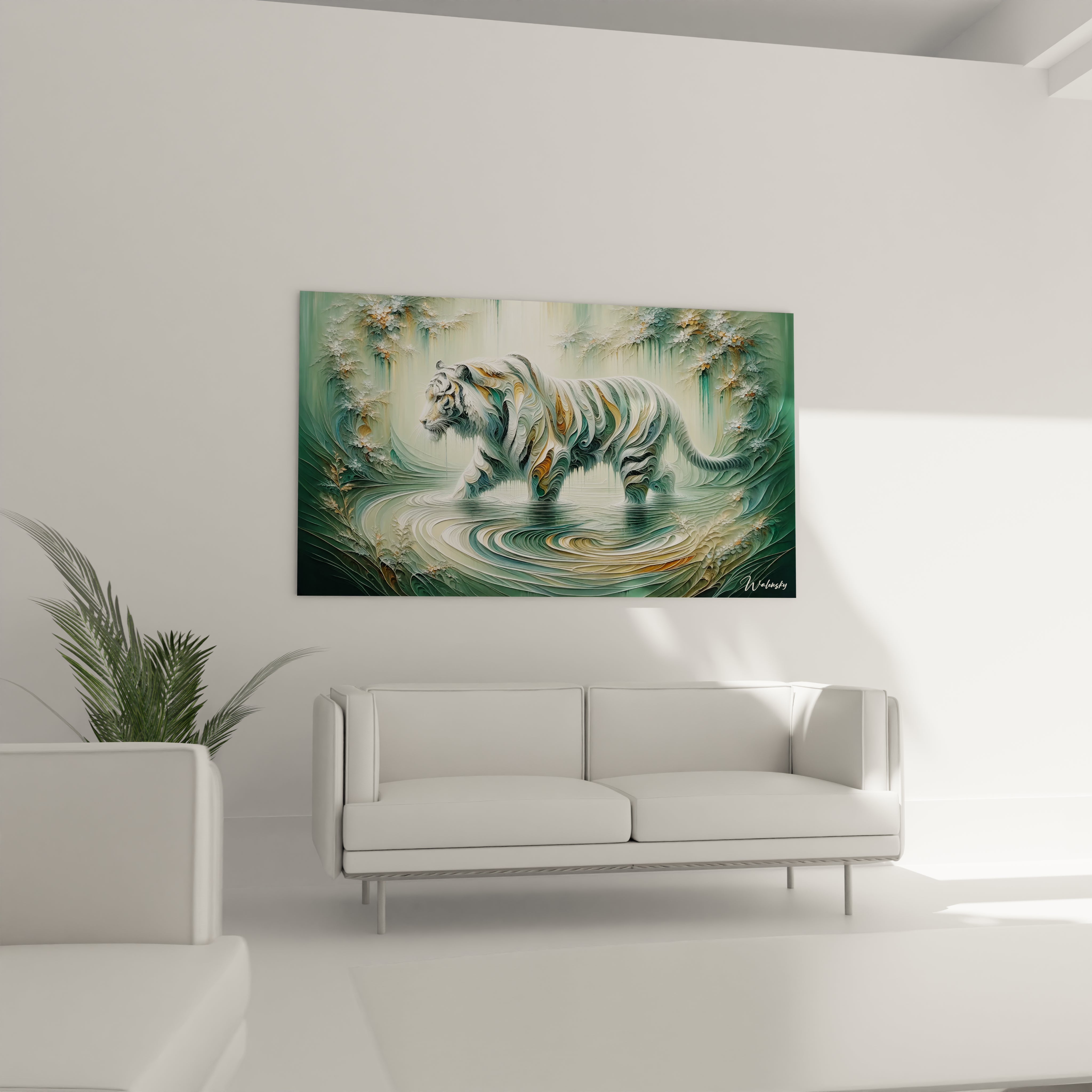Dans un salon, ce tableau tigre au-dessus du canapé devient le point central. Les formes fluides et les teintes naturelles ajoutent un charme organique, transformant l’espace en une oasis de tranquillité.