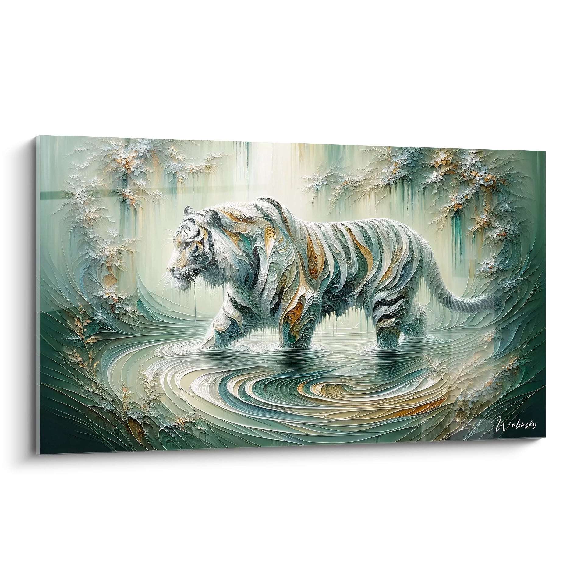 Ce tableau tigre, vu de biais, révèle toute la finesse des lignes ondulées qui capturent la majesté du fauve. Une pièce idéale pour ceux qui recherchent une œuvre d’art abstraite inspirée de la nature.