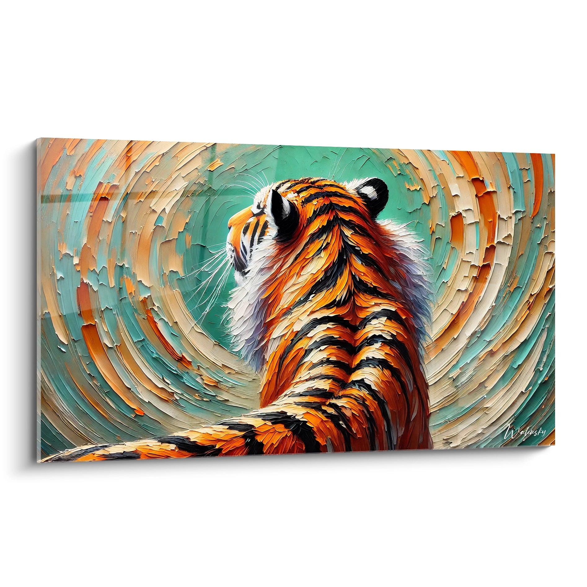 Ce tableau tigre vu de biais révèle toute la beauté de ses textures dynamiques et couleurs vibrantes. Les détails du pelage et l'énergie qu'il dégage en font une pièce unique à ajouter à votre collection d'art.