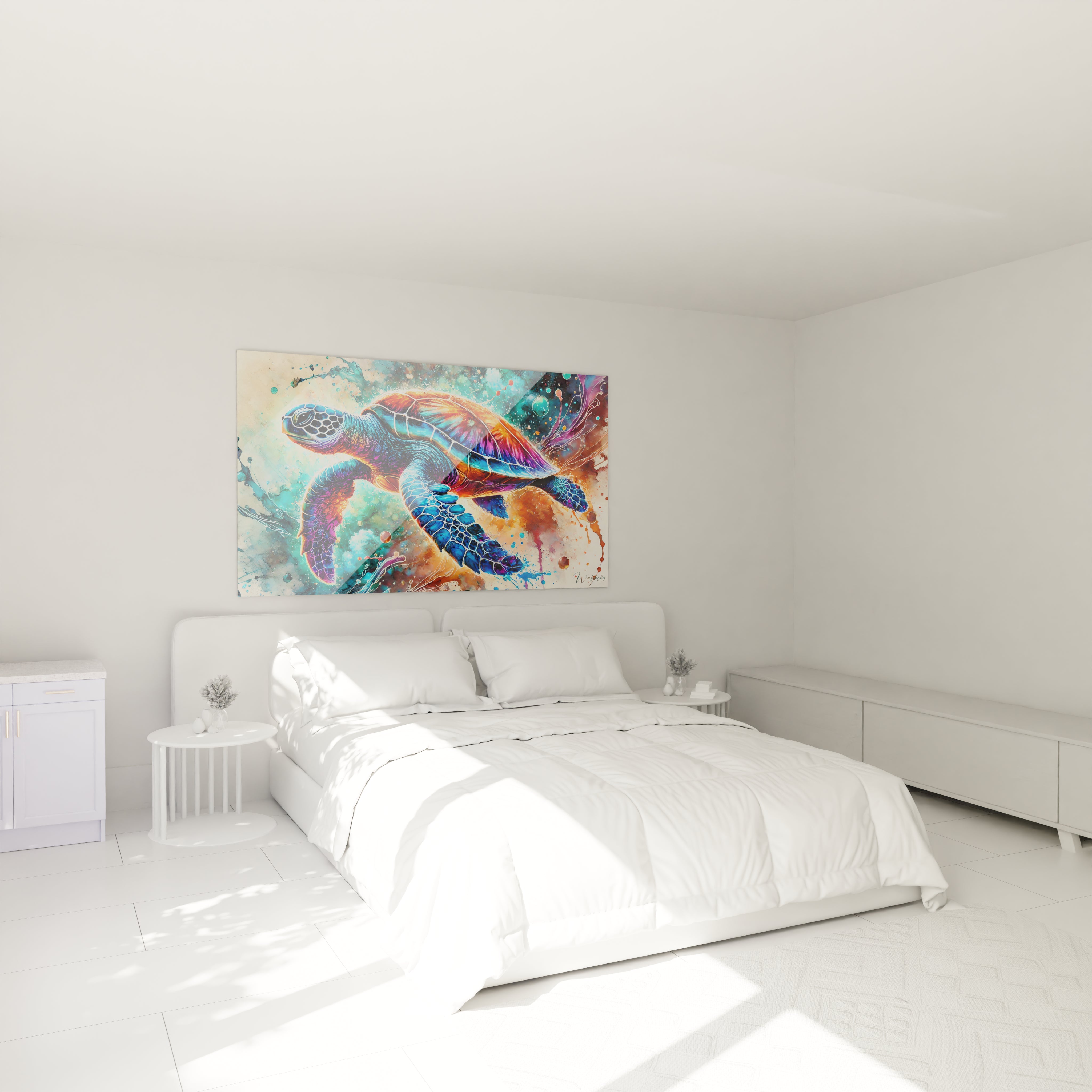 Accroché au mur d'une chambre, ce tableau tortue de mer ajoute une touche colorée et apaisante. Ses teintes vibrantes et son arrière-plan dynamique capturent l'énergie de l'océan, transformant votre espace en un havre de sérénité.