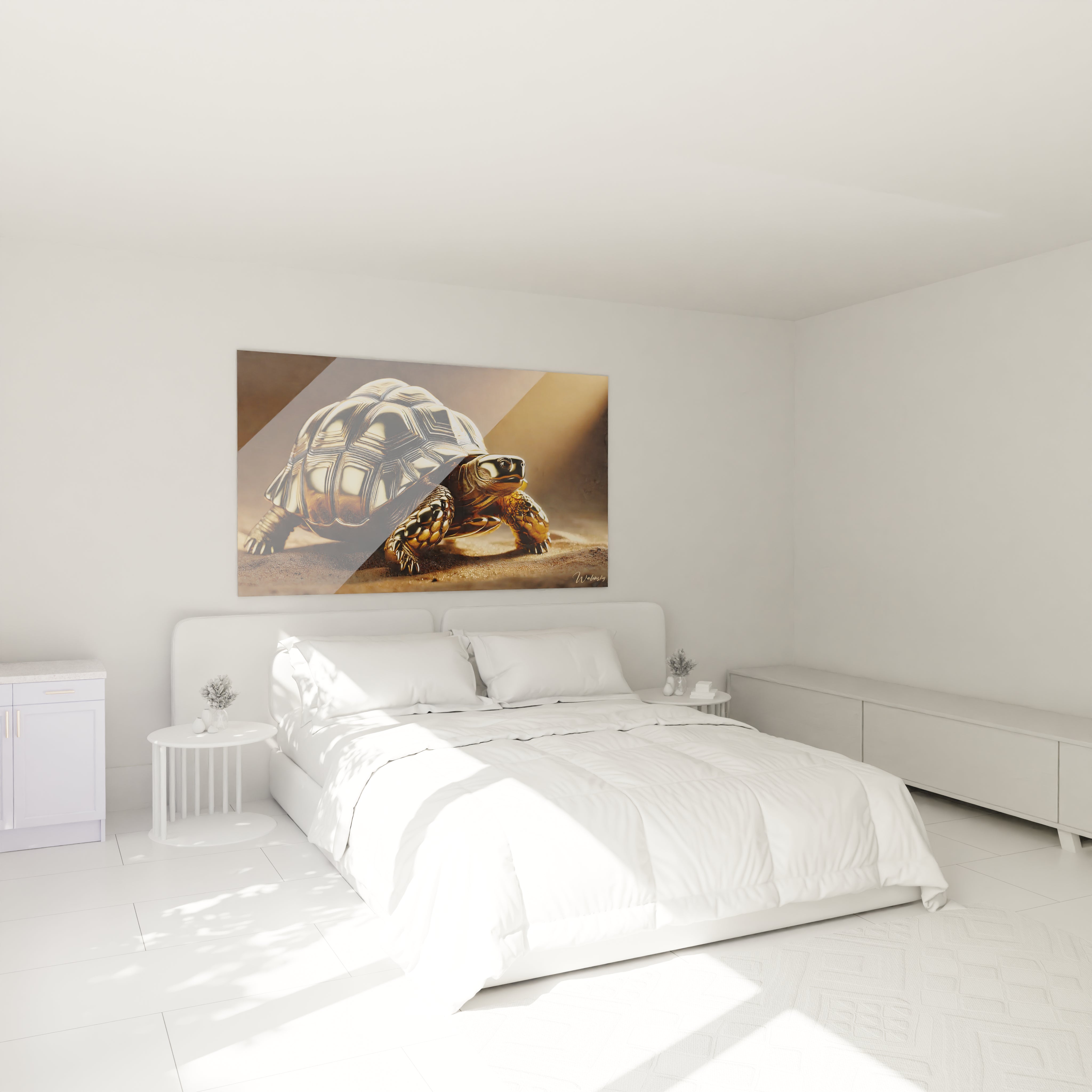 Le tableau tortue terrestre apporte serenite et elegance dans une chambre. Accroche au-dessus du lit, il se fond parfaitement dans un decor contemporain en evoquant calme et connexion avec la nature.