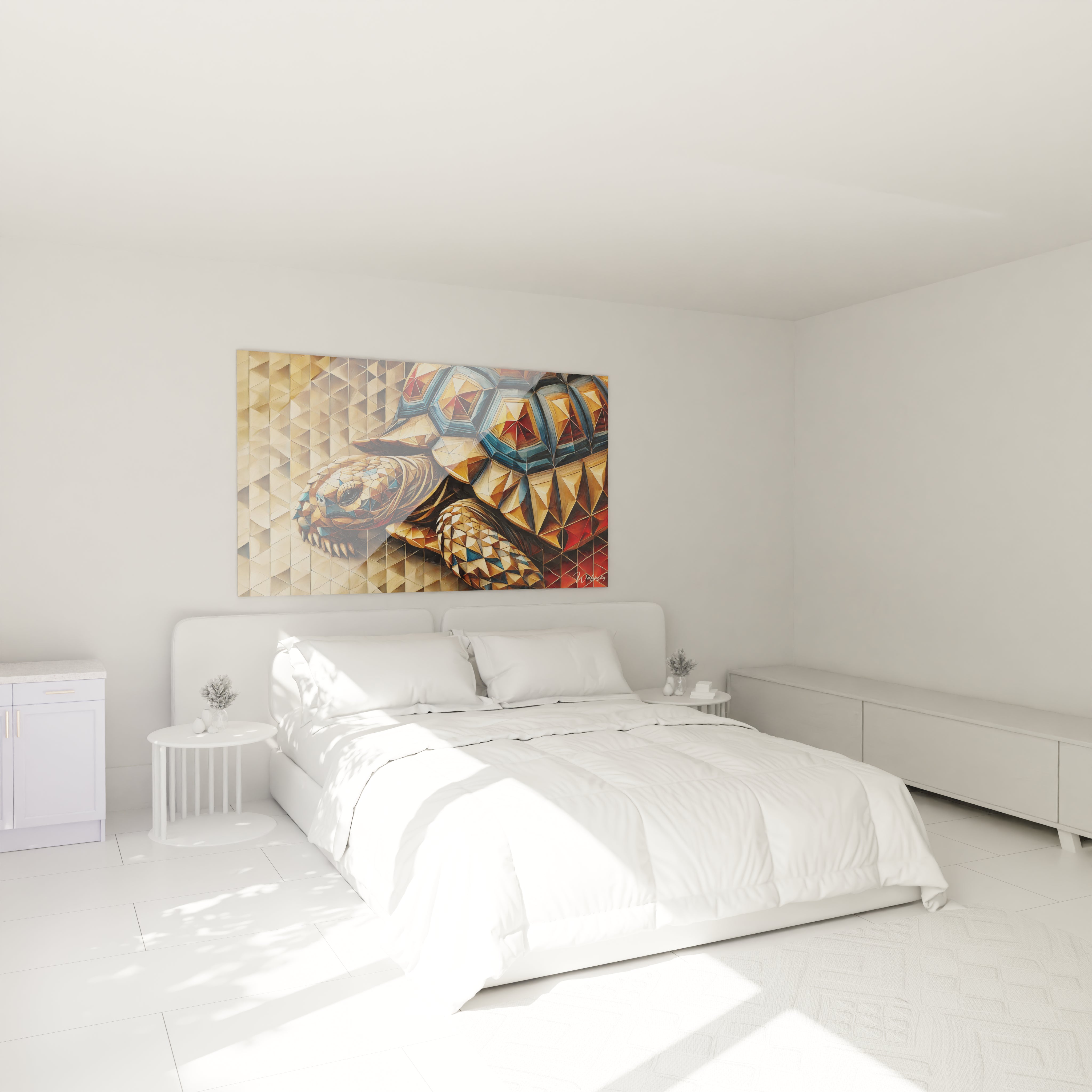 Le tableau tortue terrestre au-dessus du lit crée une atmosphère paisible et contemporaine dans la chambre. Son design géométrique et ses couleurs chaudes ajoutent une touche d'originalité, idéale pour les espaces minimalistes.