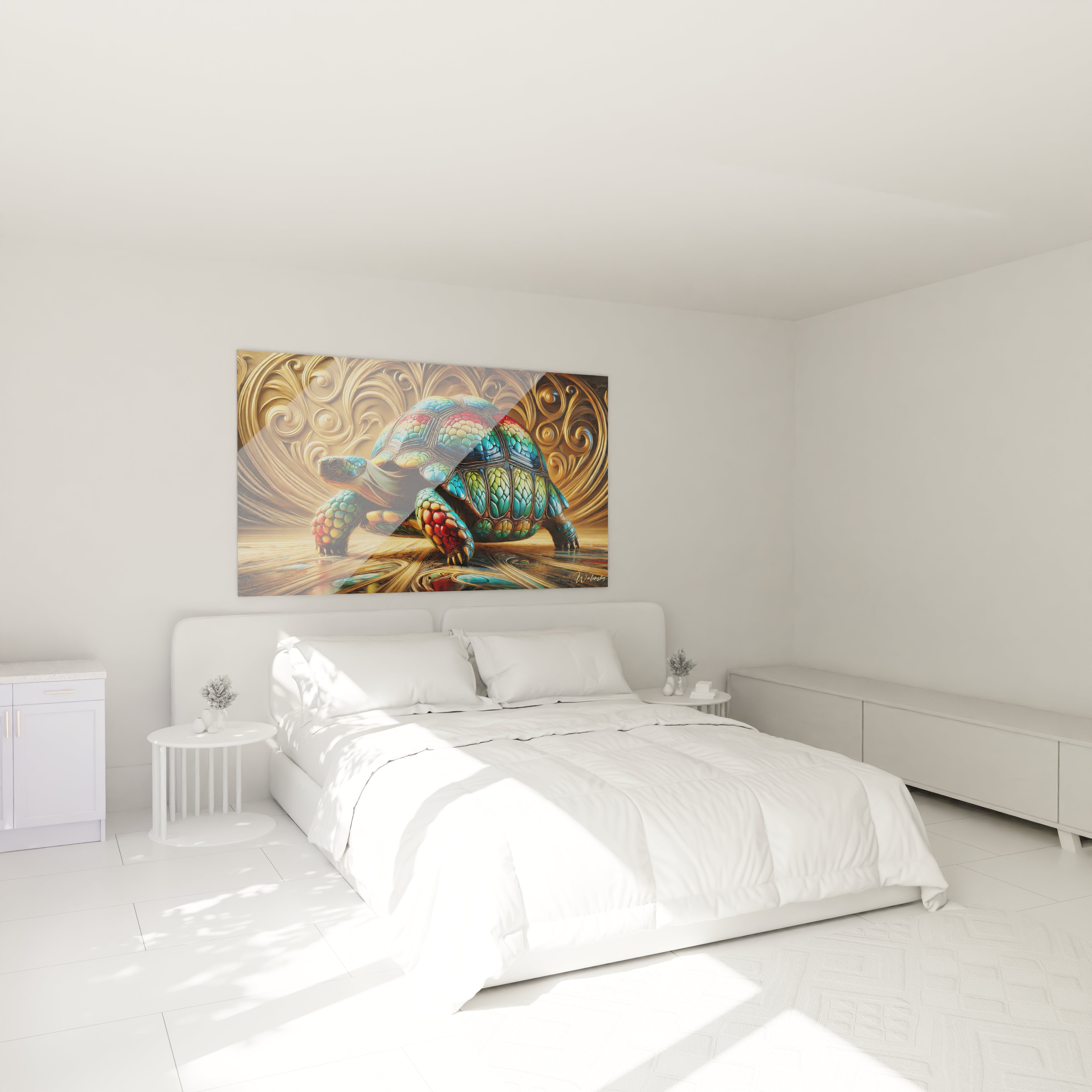 Accroché au mur au-dessus du lit, ce tableau tortue terrestre apporte une touche d’élégance et de sérénité à votre chambre. Ses motifs géométriques uniques et ses couleurs lumineuses créent une ambiance apaisante.