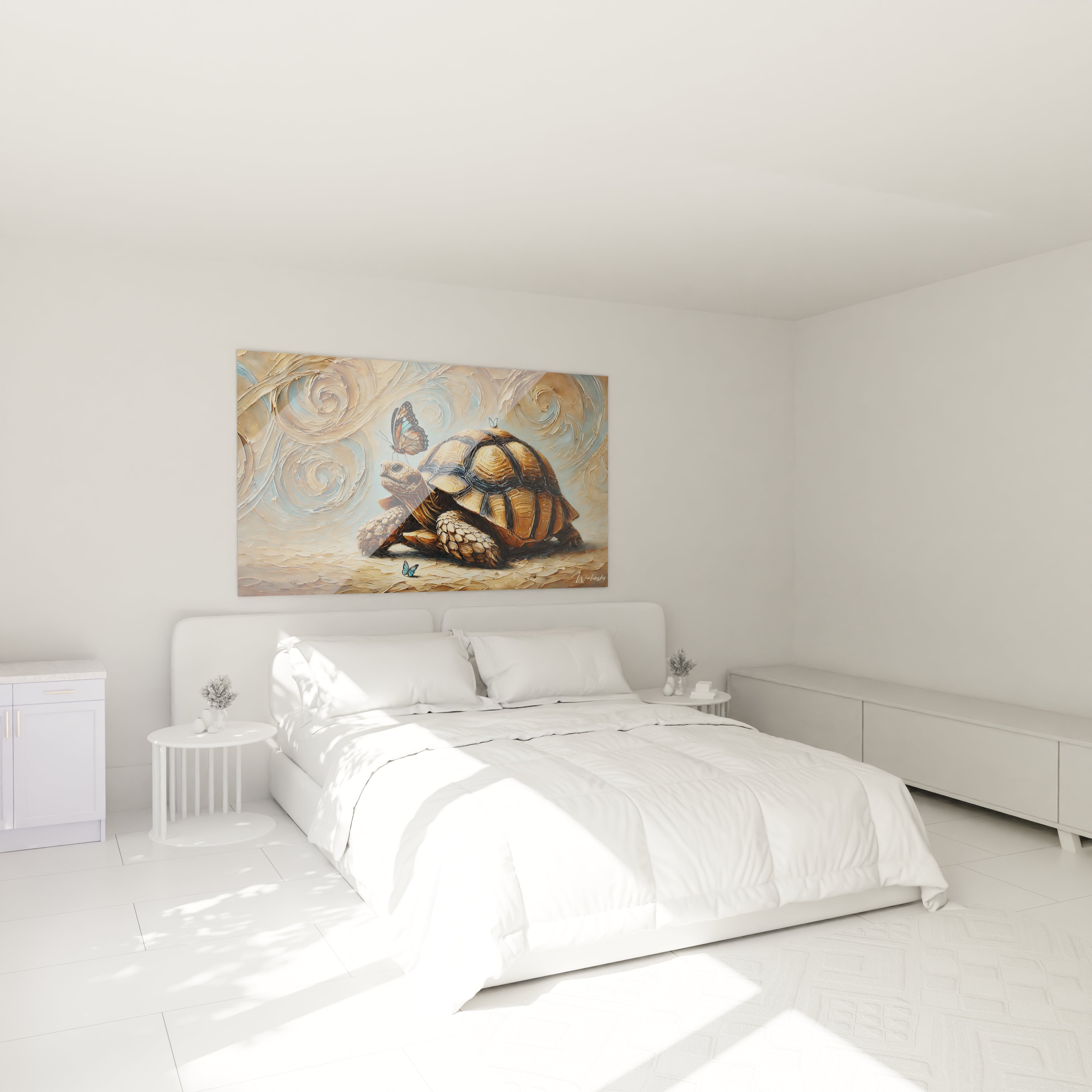Ce tableau tortue terrestre suspendu au-dessus du lit apporte une touche de serenite et de nature dans votre chambre. Les papillons delicats et la tortue symbolisent sagesse et equilibre.