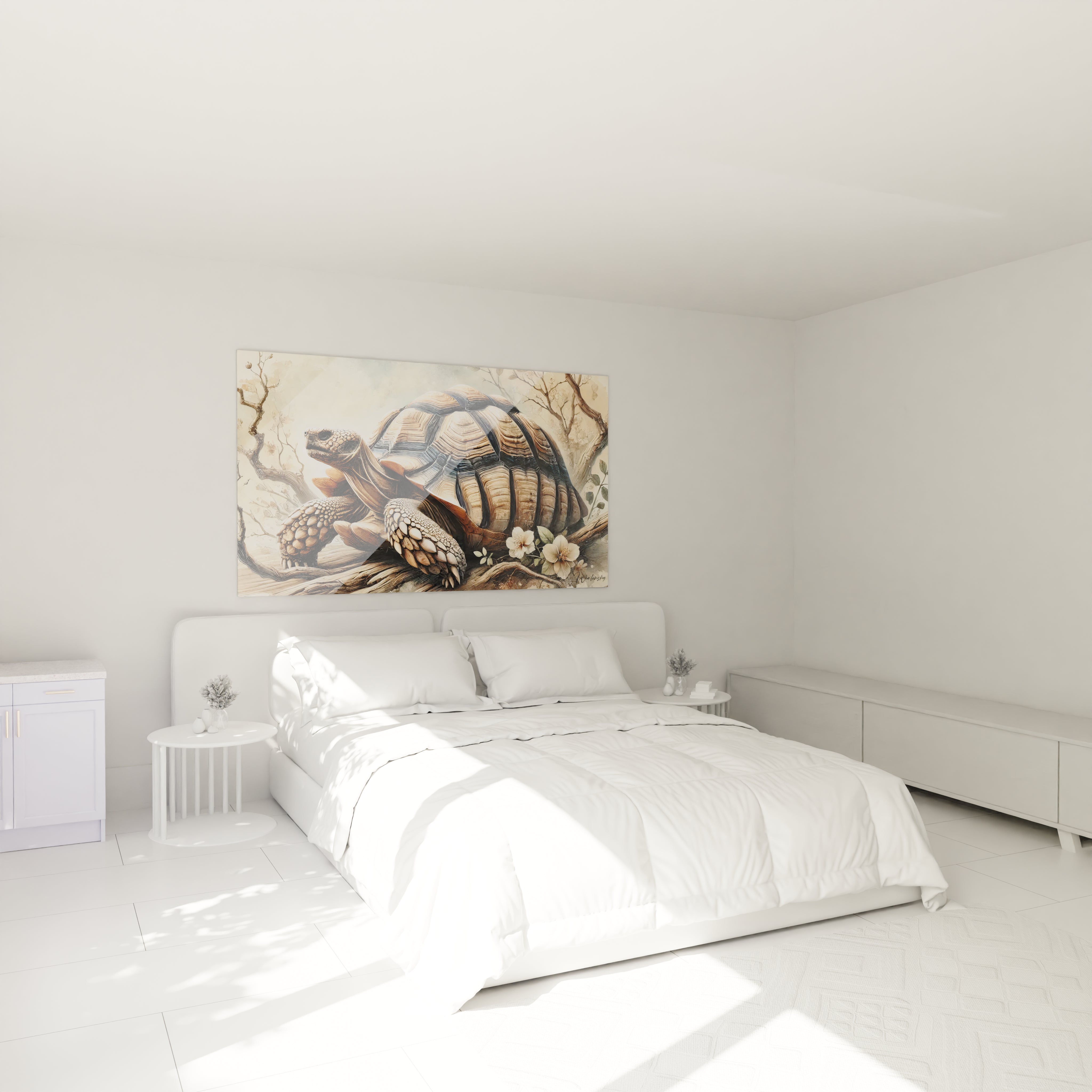 Sublimez votre chambre avec ce tableau tortue terrestre accroché au mur au-dessus du lit. Les teintes douces et naturelles apportent une touche zen pour une ambiance reposante et élégante.