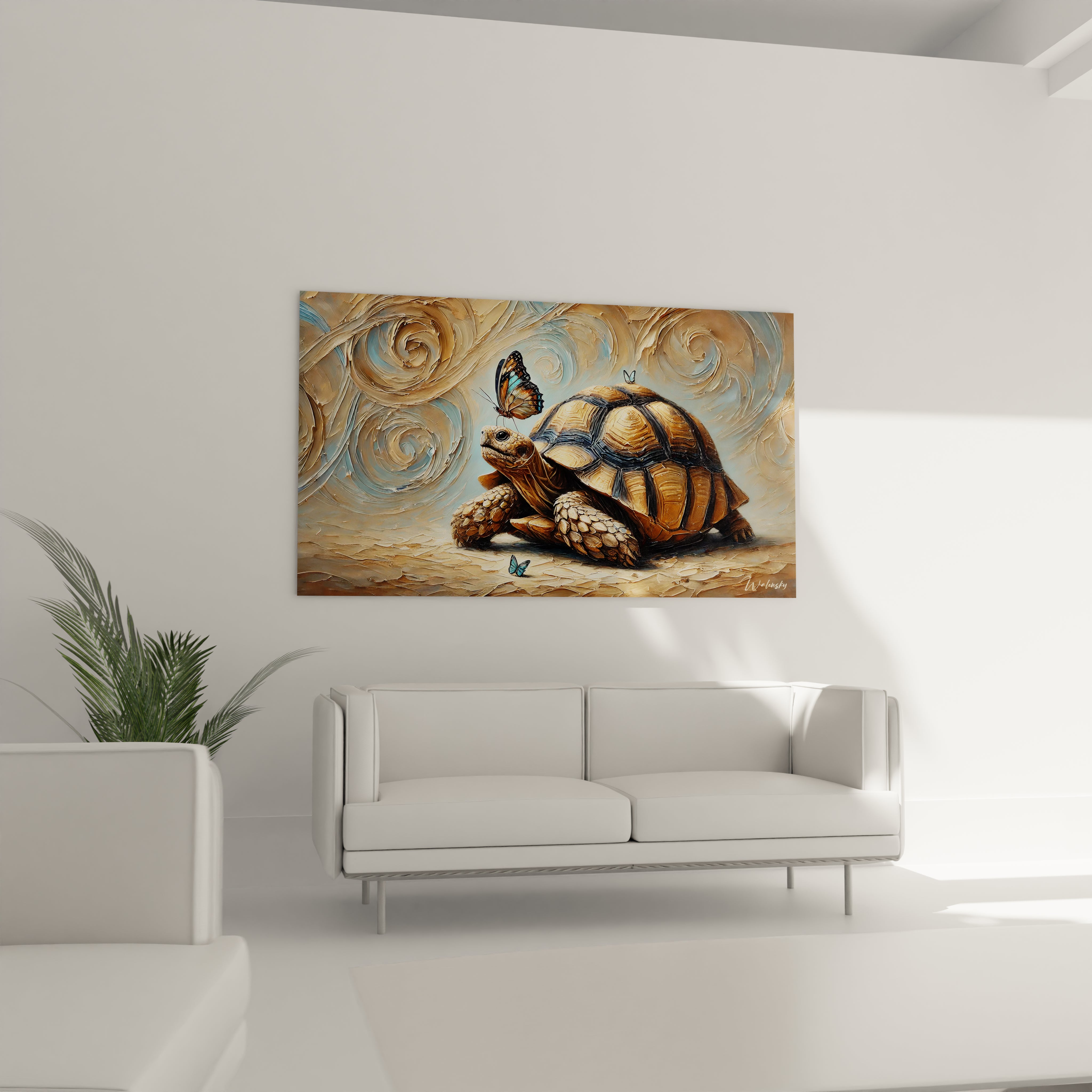 Le tableau tortue terrestre, accroche au-dessus du canape, sublime le salon avec ses couleurs marines et sa carapace en relief. Ideal pour une ambiance apaisante et harmonieuse.