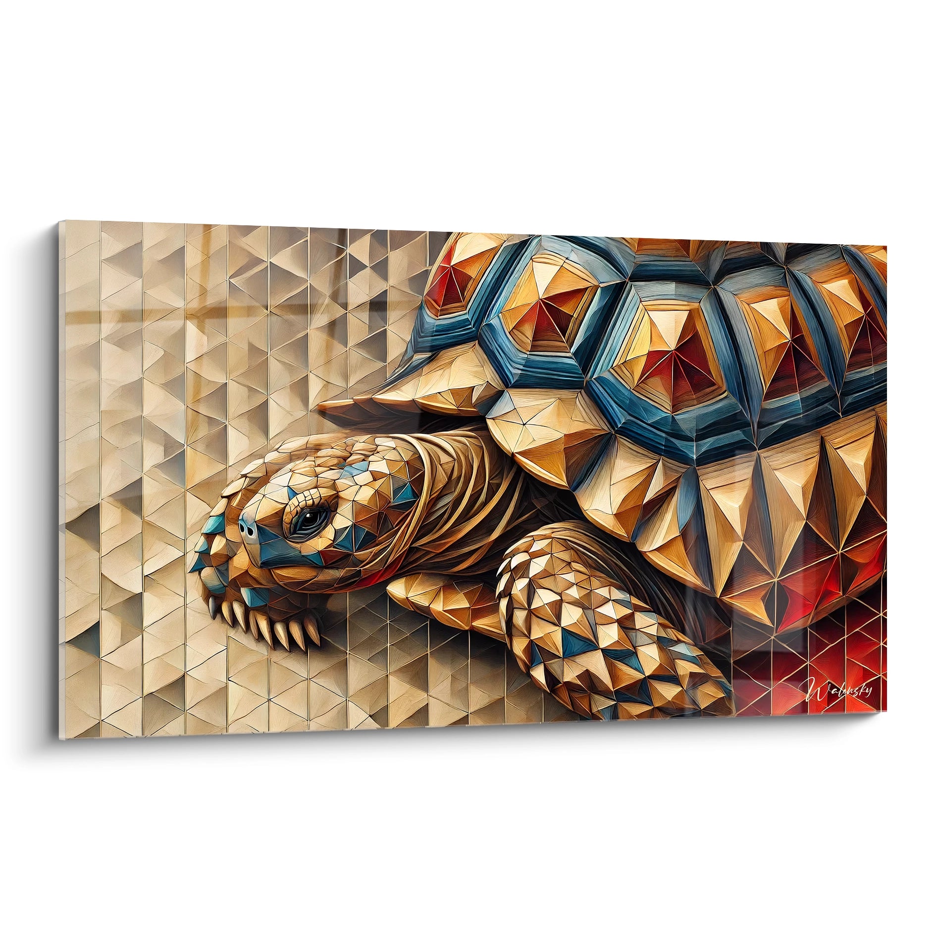 Ce tableau tortue terrestre, avec son style géométrique et abstrait, attire l'œil dès le premier regard. Vue de biais, son effet prismatique offre une profondeur captivante, parfaite pour un décor moderne.